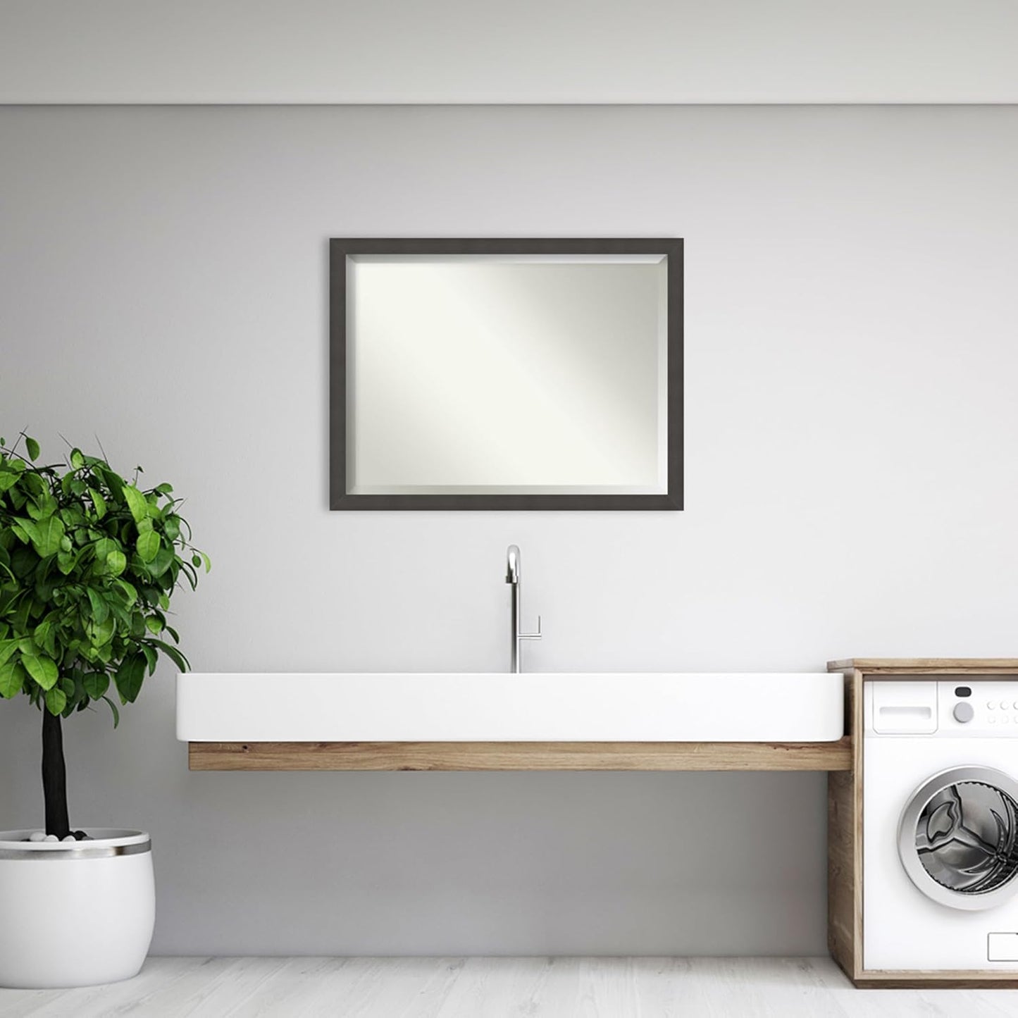 Amanti Art Silver Bathroom Mirror for Over Sink, 34x44 Blaine Light Pewter Narrow Rectangle Vanity Mirror, X-Large Modern Contemporary Frame, Hangs Horizonally and Vertically, Bathroom Wall Decor