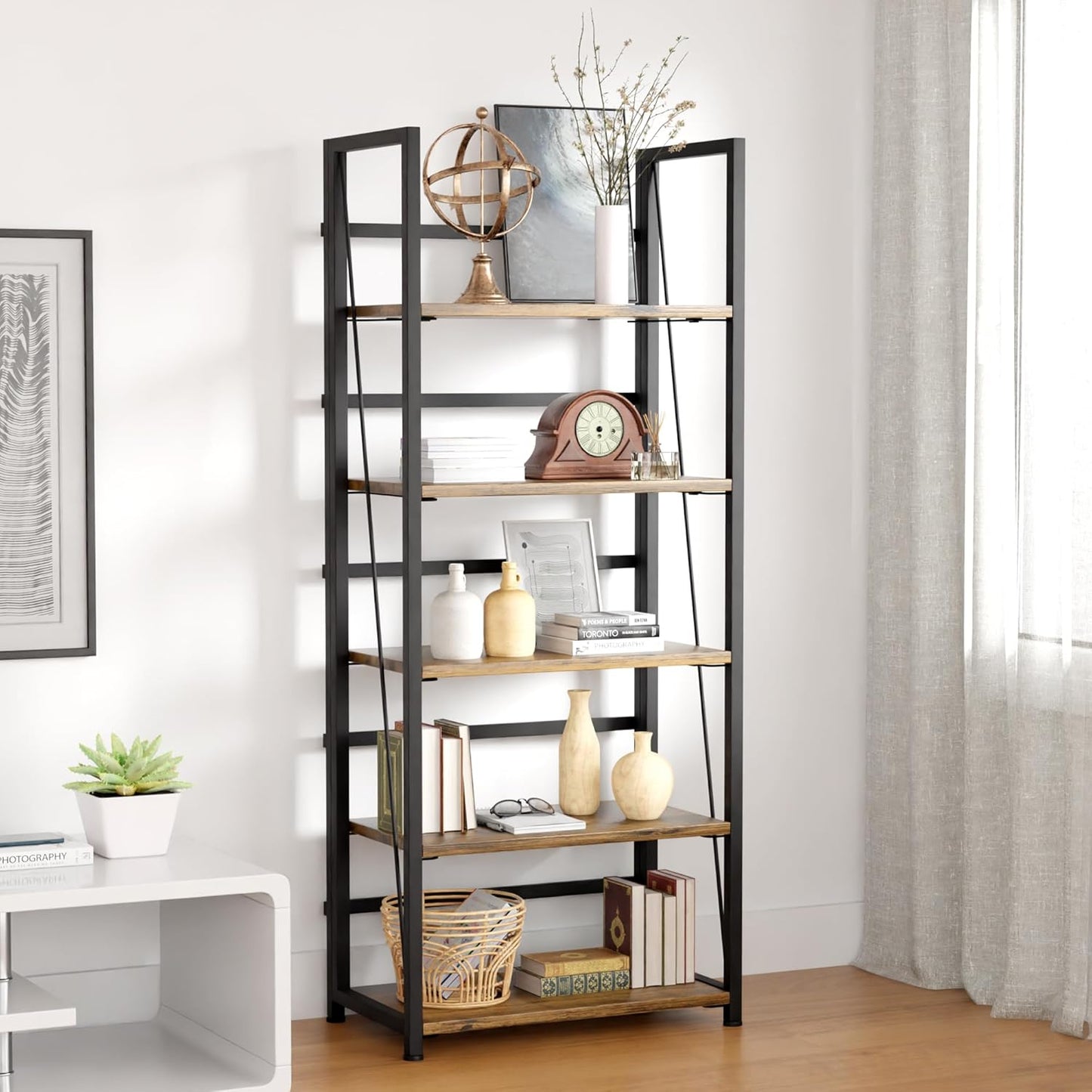5 Tier Wood Book Shelf Organizer, No Assembly Bookshelf for Bedroom Living Room Office, Rustic Foldable Book Case, Tall Bookshelves, Open Book Shelves, Decorative Folding Shelf Display, Tall Bookcase
