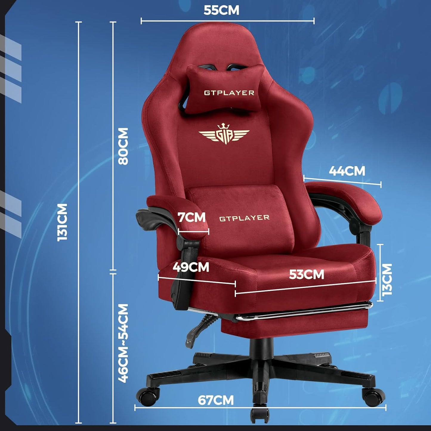 GTPLAYER Gaming Chair Fabric with Pocket Spring Cushion, Big and Tall Gamings Chairs 350LBS High Back Computer Chair with Footrest for Adults Lumbar Support Swivel Game Chair for Office Gaming Red