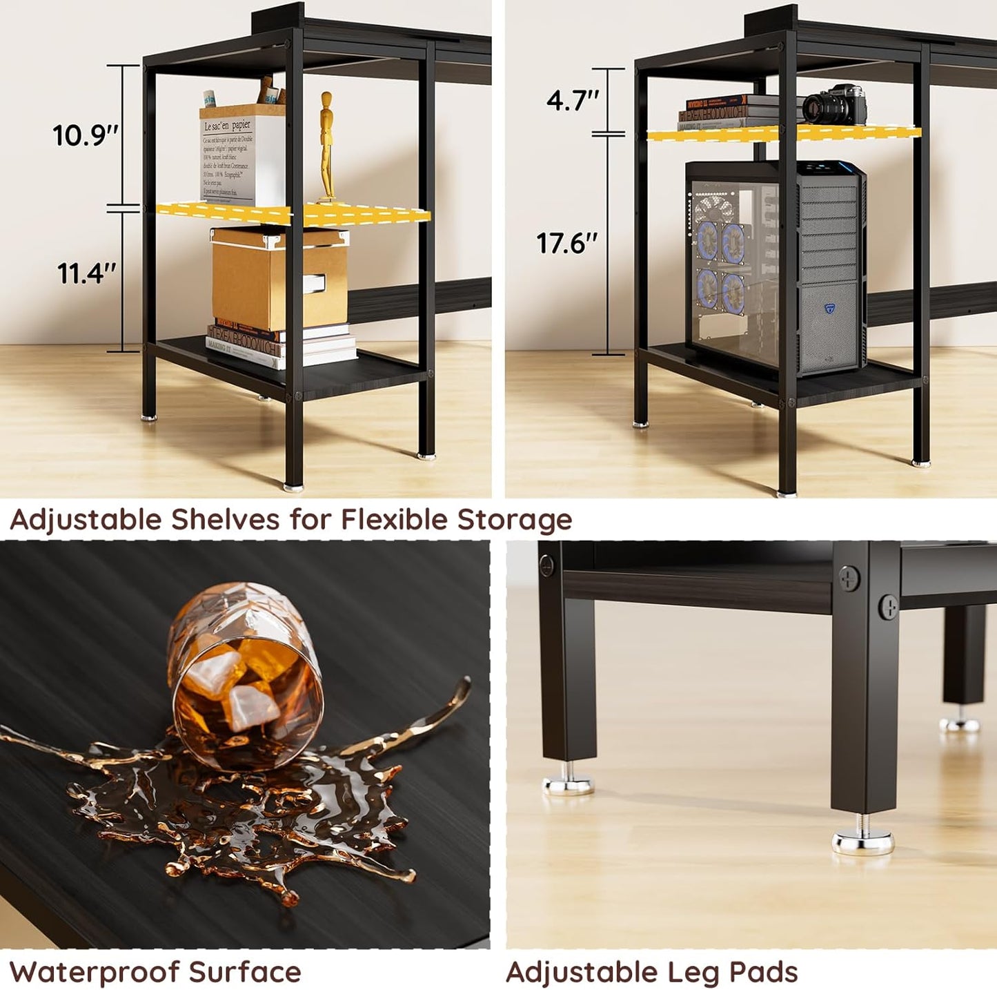 Computer Gaming Desk with Monitor Stand, Home Office Desk Suitable for 2 Monitors, Writing Desk with Adjustable Storage Space,Sturdy and Durable Modern Small Desk (Black, 47 inchs)