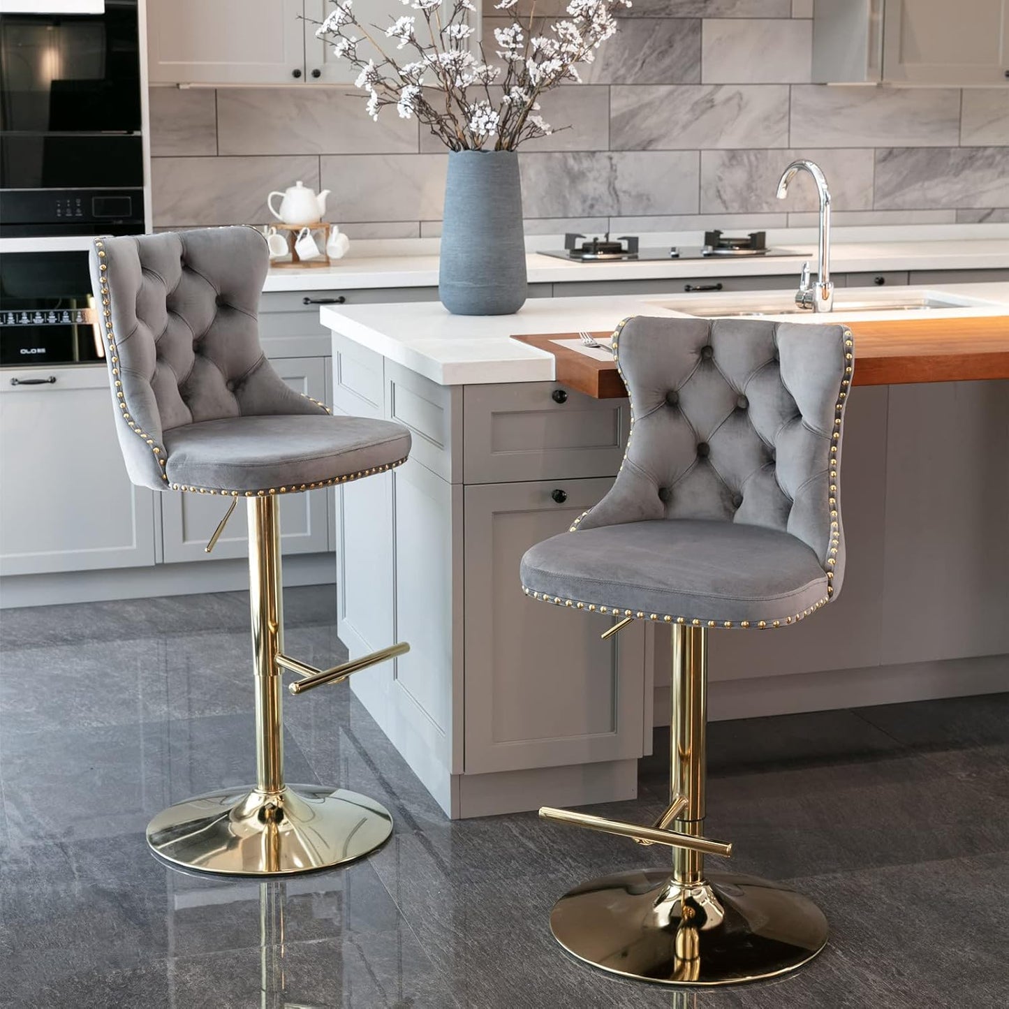 PacknWood Acosure Golden Swivel Velvet Barstools Adjusatble Seat Height from 25-33" with Comfortable Tufted,Modern Upholstered Chrome Base Bar Chairs,for Home Pub Kitchen,Gray,Set of 2