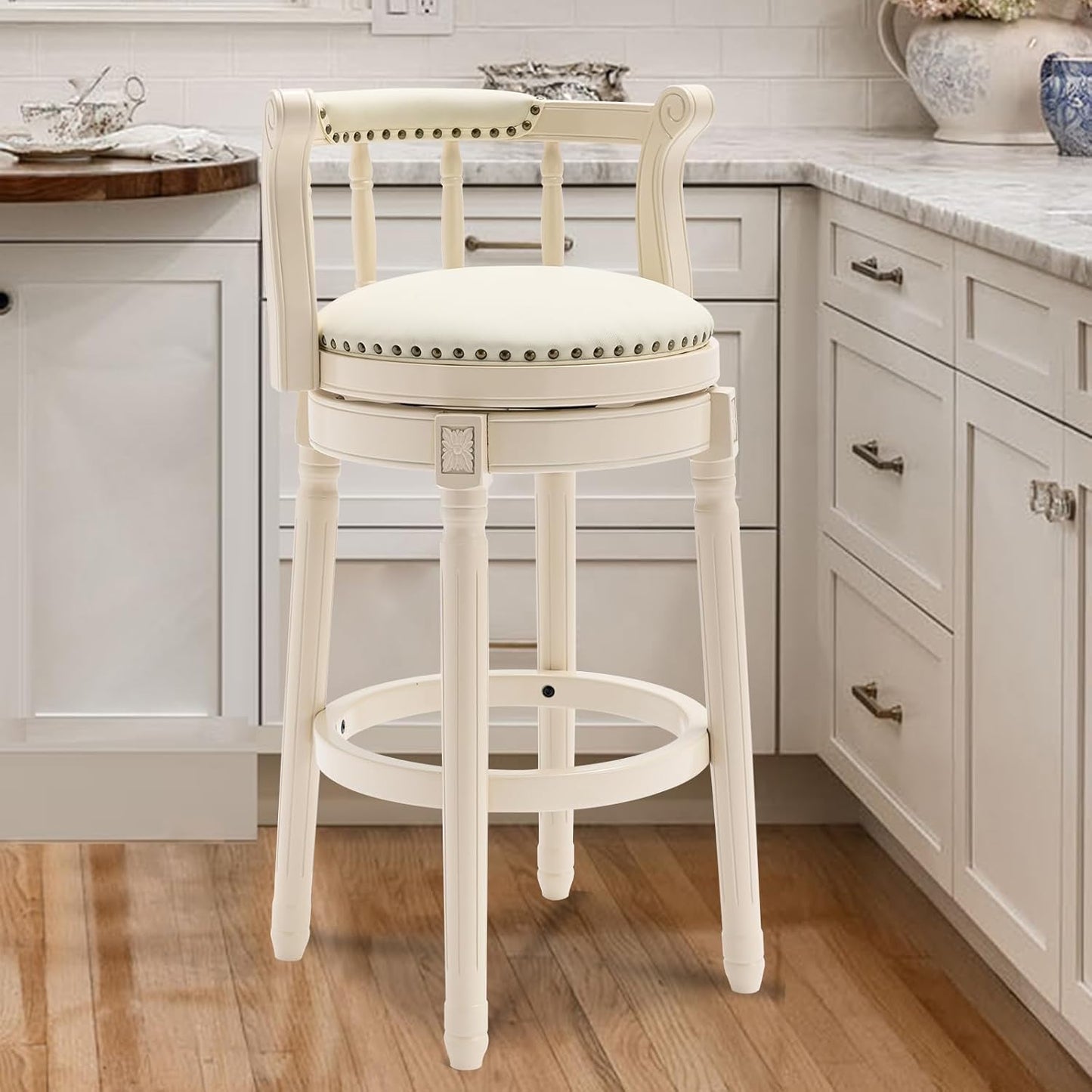 CozyRain Bar Stools Modern Swivel Barstools, Kitchen Counter Genuine Leather Upholstered Bar Stool Island Barstool with Footrest for Home Kitchen Dining Room (White, Seat Height 29.5 in)