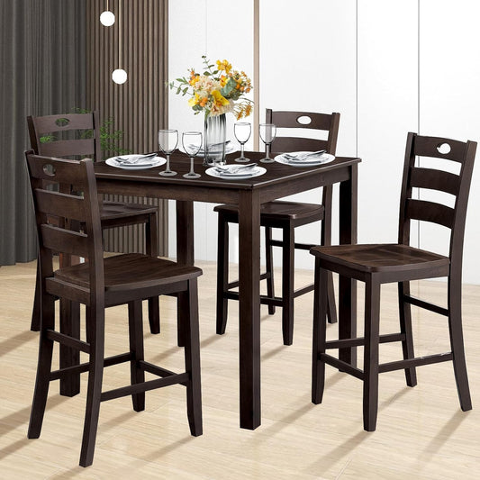 5-Piece Dining Table Set, Solid Rubber Wood Dining Room Table Set for 4, High Top Table and Chair Set for Kitchen Dining Room Restaurant Bar,Espresso