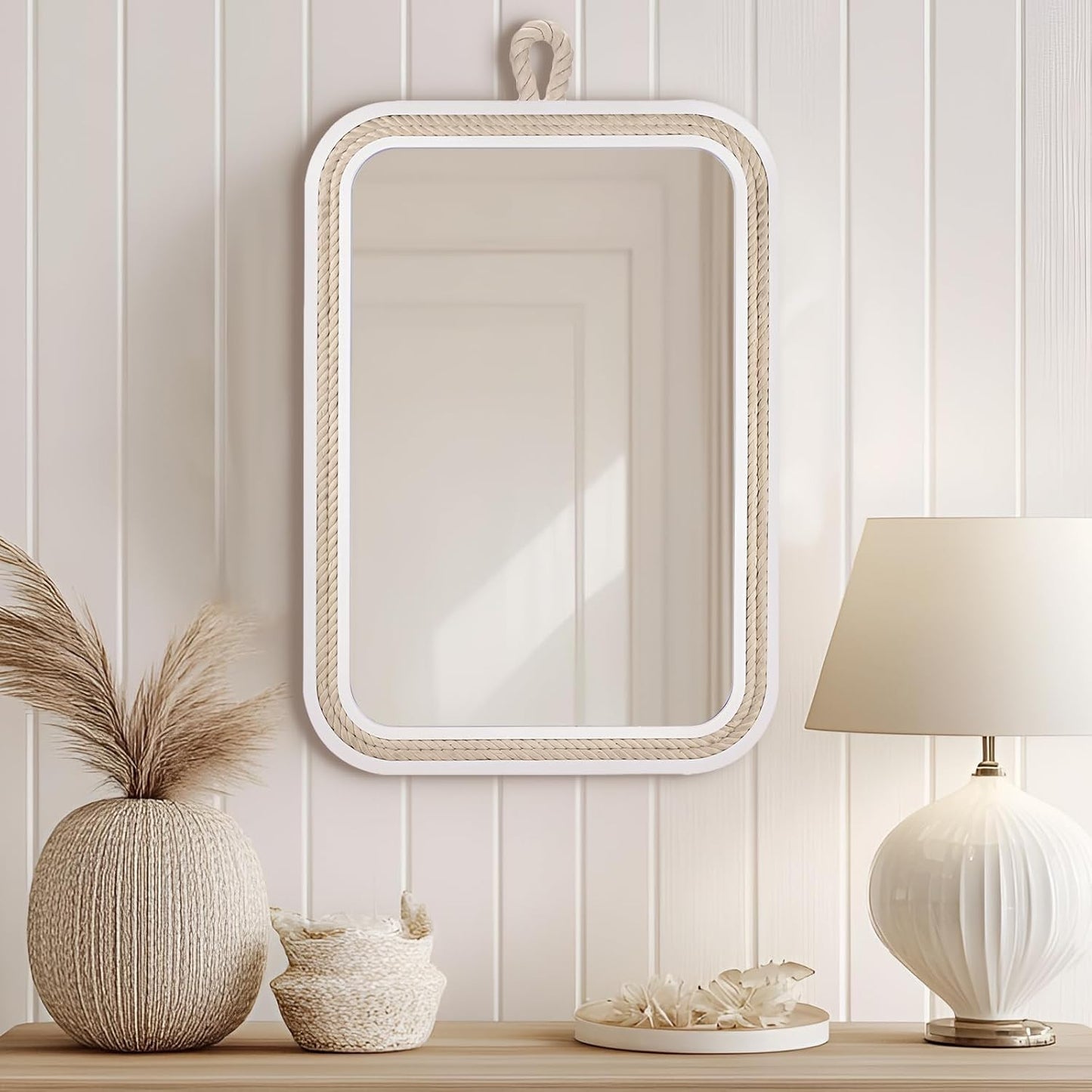 Nautical Rope Mirror Rectangular Hanging Mirrors for Wall 22''Lx16''W White Decorative Mirror Farmhouse Mirror with Rope for Bathroom,Livingroom,Entryway-Beachy Coastal Wall Decor
