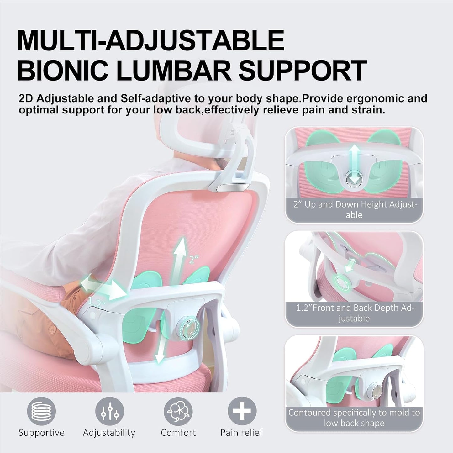 Ergonomic Office Chair,Ultra Thick Office Desk Chair with Adjustable Lumbar Support and Headrest,Spring Cushion,Rocking Function,Flip-up arms,Mesh Computer Chair for Home Office,Pink