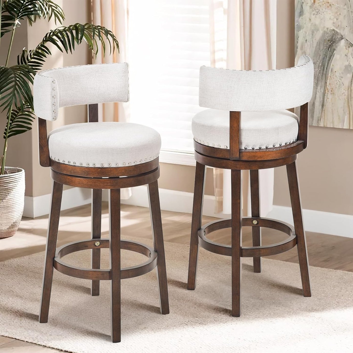 COLAMY Swivel Bar Stools Set of 2, 30 Inch Swivel Bar Height Bar Stools, Wood Swivel Barstools with Back, Modern Upholstered Wooden Barstools for Kitchen Island Dining Room Bar, Beige