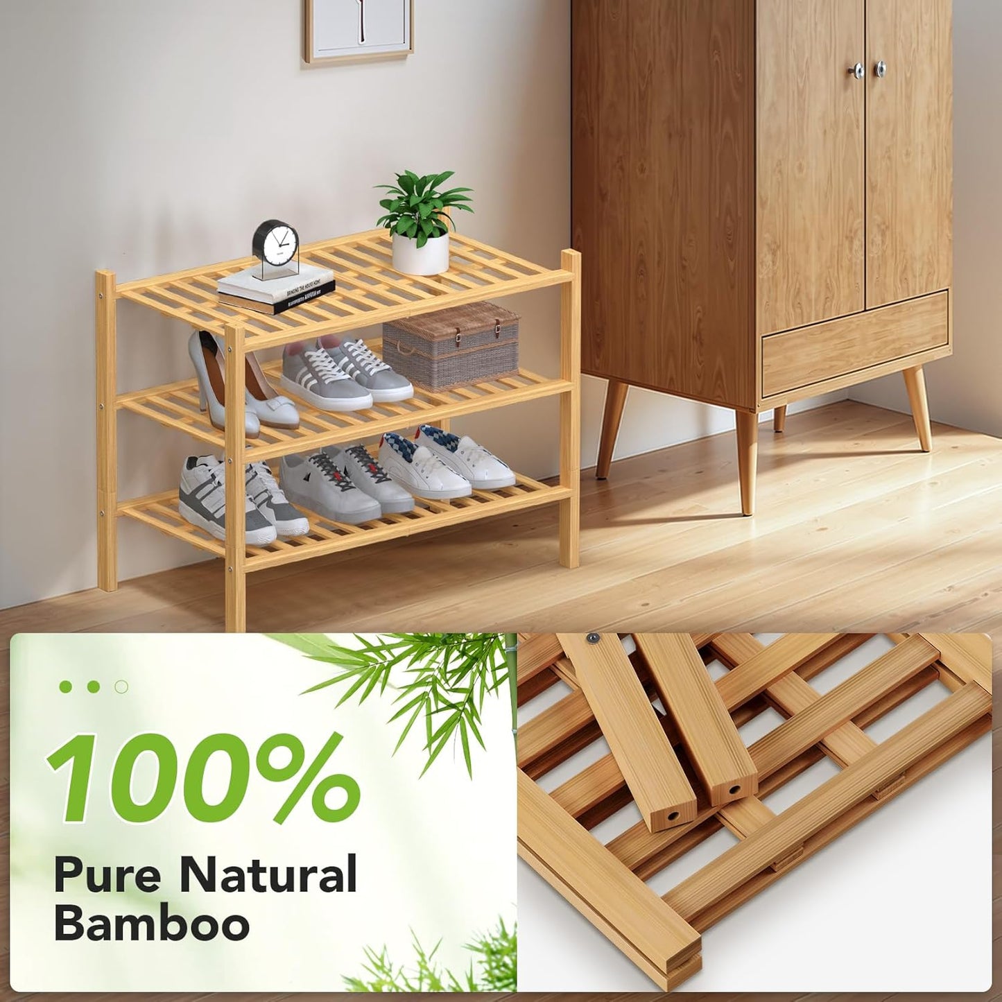 Haddockway Large 3 Tier Bamboo Shoe Rack Storage Organizer,Multifunctional Free Standing Stackable Shoe Shelf with Grid Panel for Closet,Hallway,Entryway,Small Space 27"x12"x21"(Natural, 3-Tier Large)