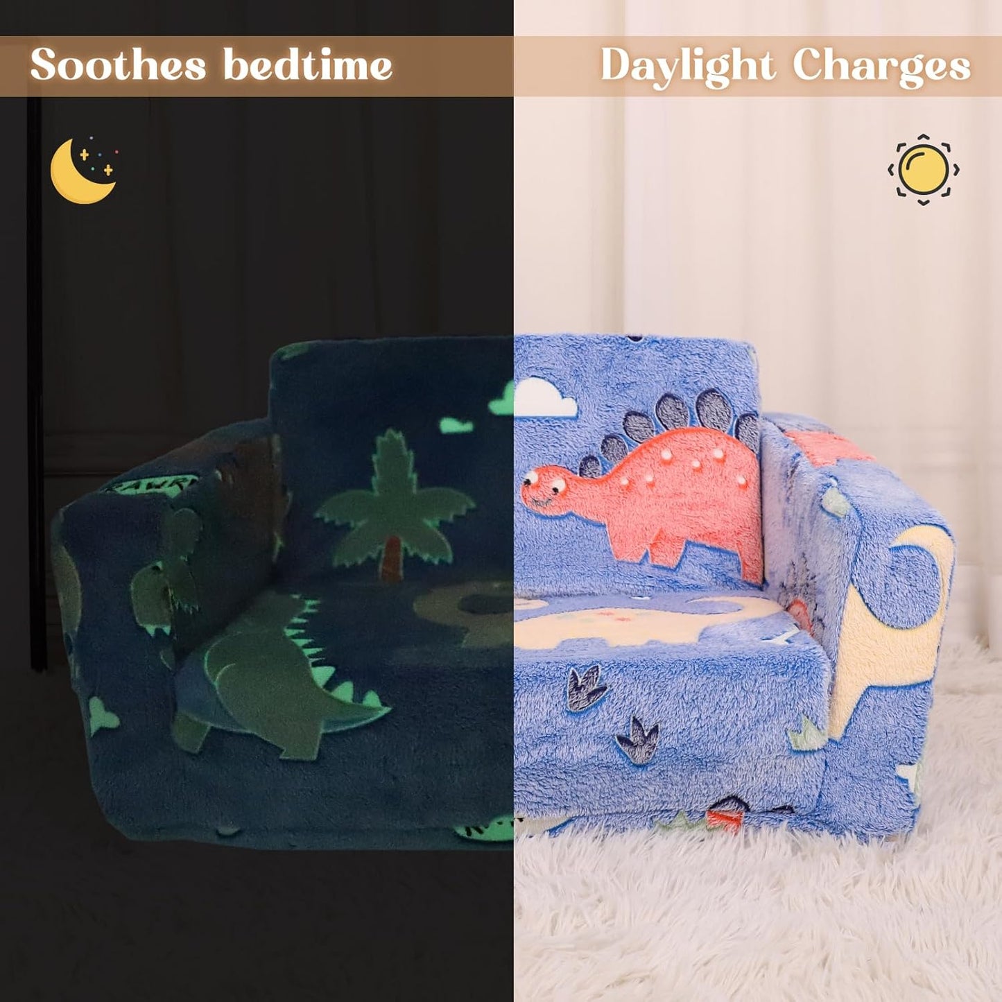 Kids Chairs for Toddler, 2 - in - 1 Toddler Soft Teddy Fleece Couch Featuring Glow - in - The - Dark Elements, Fold Out, Convertible Sofa to Lounger for Girls and Boys - Colorful Dinosaur