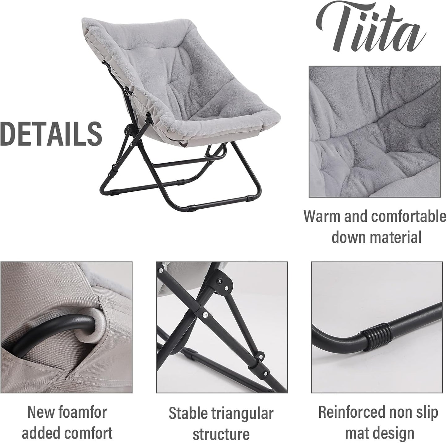Tiita Folded Chair with Ottoman, Soft Faux Fur Oversized Folding Accent Chair,Lounge Lazy Chair, Metal Frame Moon Chair for Bedroom, Living Room, Dorm Rooms, Garden and Courtyard