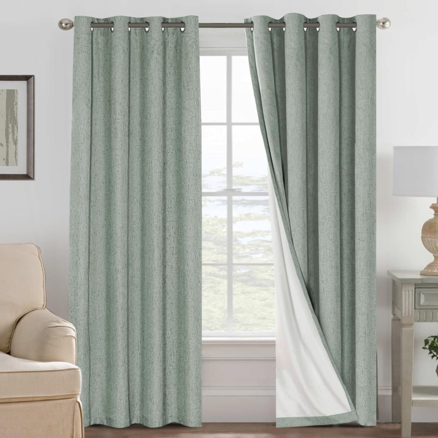 H.VERSAILTEX 100% Blackout Curtains for Bedroom Thermal Insulated Linen Textured Curtains Heat and Full Light Blocking Drapes Living Room Curtains 2 Panel Sets, 52x96 - Inch, Green Bay