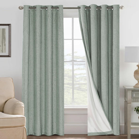H.VERSAILTEX Bedroom Curtains Blackout Linen Blackout Curtains 84 Inches Long, 100% Blackout Thermal Textured Linen Look Curtain Draperies Grommet with White Liner, 2 Panels, Green Bay