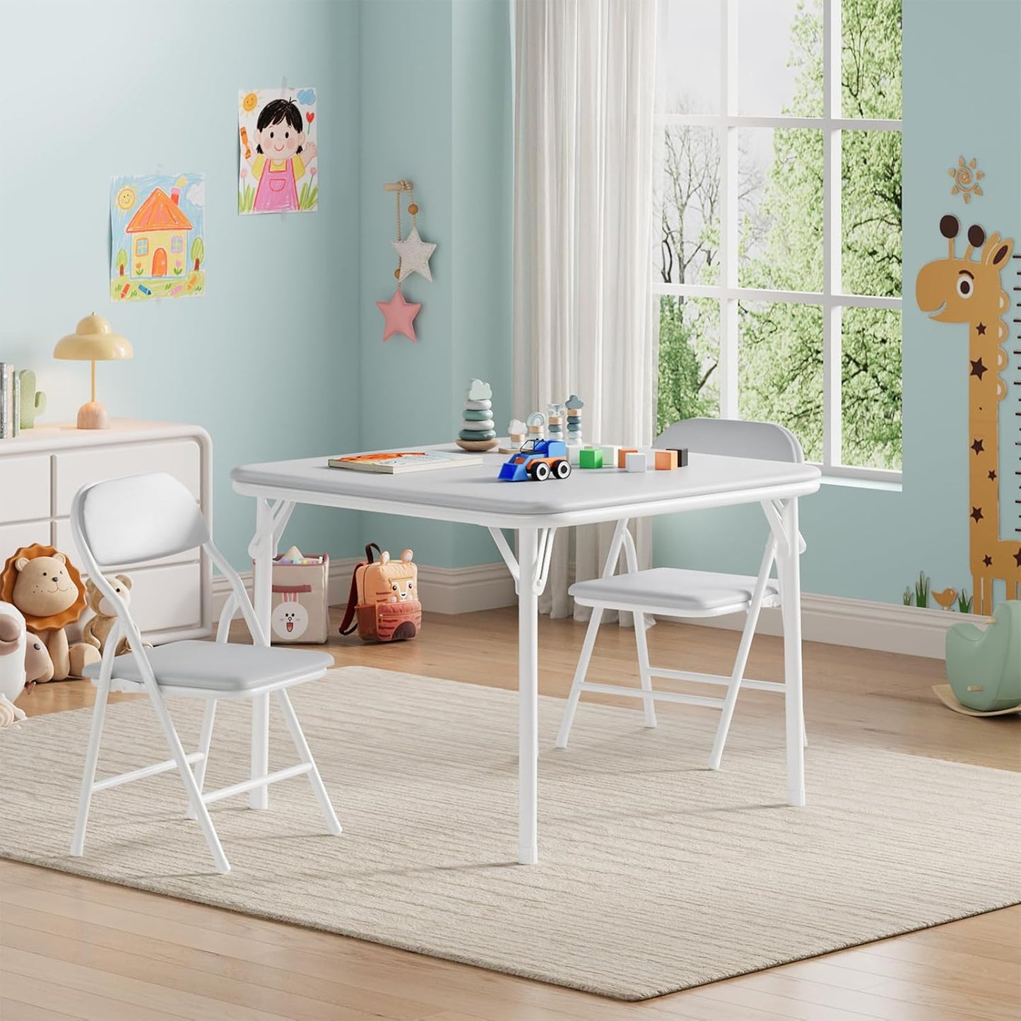 IDEALHOUSE 3 Piece Folding Kids Table and Chairs Set, Children Activity Table and Chairs Set for Dining Room,Daycare,Classrooms