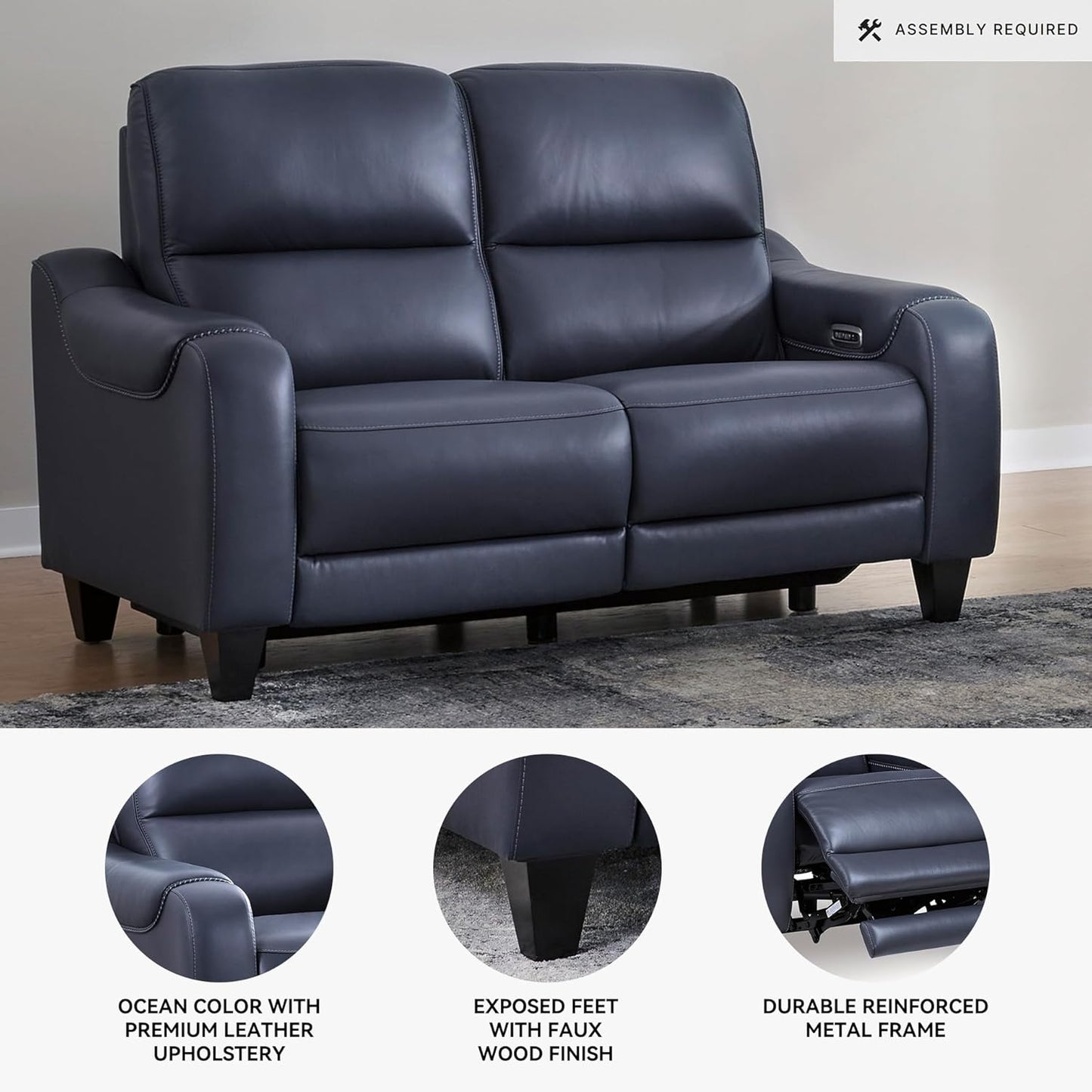 Signature Design by Ashley Mercomatic Contemporary Leather Match Wall Hugger Power Reclining Loveseat with Adjustable Headrest and USB Ports, Blue