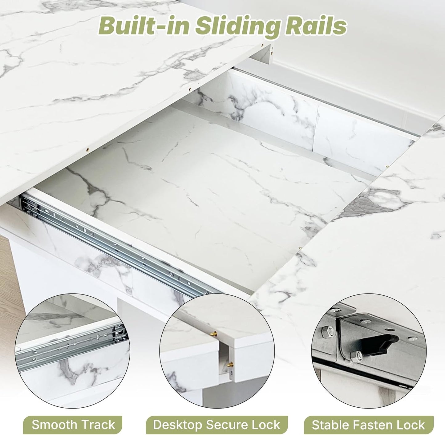 63"-78.7" Expandable Dining Table, 6-10 Farmhouse Kitchen Table, Extendable Console Table, Wooden Farmhouse Kitchen Table with Metal Track & Dual Column Base for Dining Room, Office-White