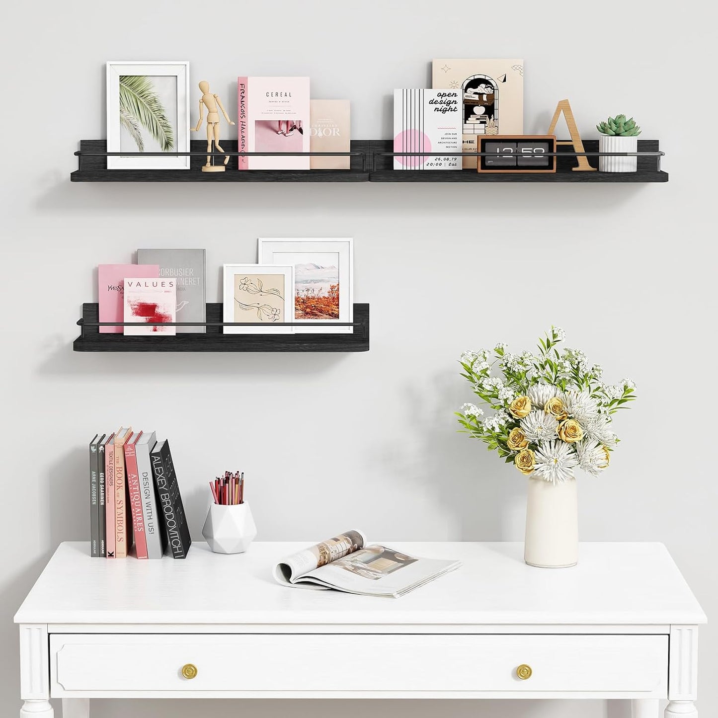 Forbena Black Floating Shelves for Wall, Bahtroom Wall Shelves Over Toilet, Rustic Hanging Shelf with Lip Rail for Bedroom Kitchen Office Living Room Picture Photo Decor, 17 Inch Long-Set of 3