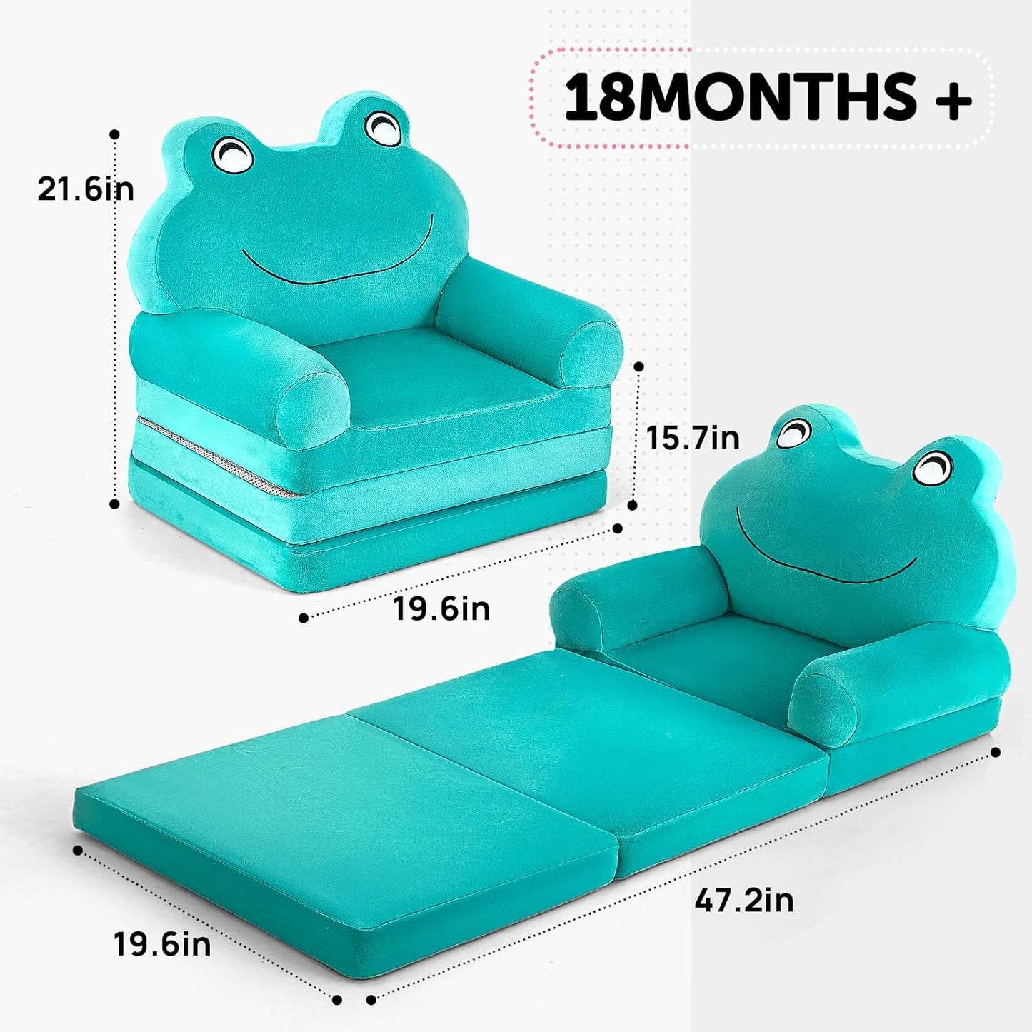 Kids Sofa Comfy, Adorable Animal Toddler Chair, Foldable Kids Couch with Removable Washable Cover, Soft & Breathable Fabric, No Assembly Needed, Foldable Baby Sofa(Green Frog)