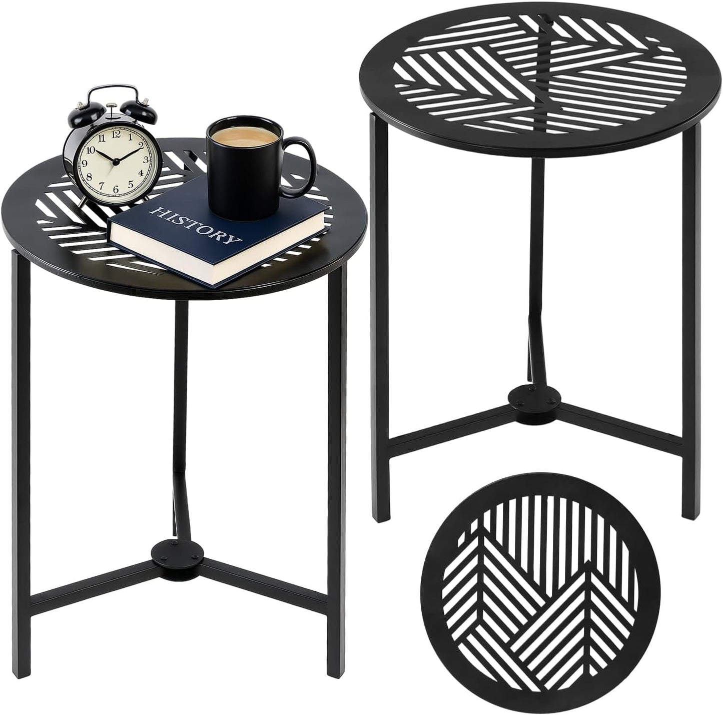 2 Packs 13" Small Metal Side Tables Indoor Black Outside End Table for Outdoor Patio Round Accent Garden Corner Stand for Small Spaces Weather-Resistant Coffee Table for Balcony Porch Plant Stand