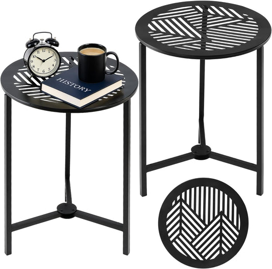 2 Packs 13" Small Metal Side Tables Indoor Black Outside End Table for Outdoor Patio Round Accent Garden Corner Stand for Small Spaces Weather-Resistant Coffee Table for Balcony Porch Plant Stand