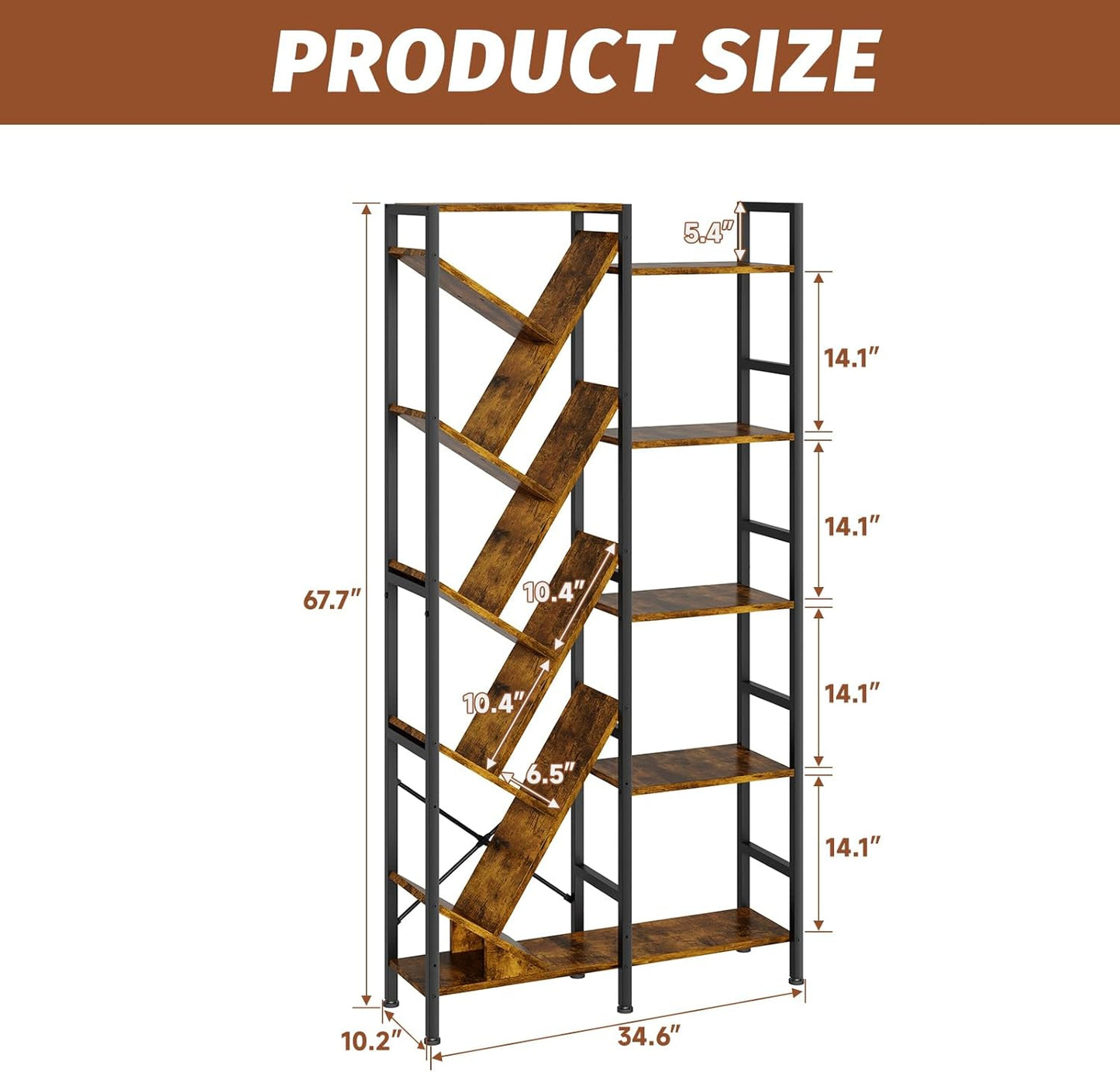 5-Tier Double Wide Bookshelf 67" , Industrial Tree BookShelves, Vintage Storage Rack with 14 Open Shelves, Large Bookcase, Wooden and Metal Bookshelves, Wide Display Rack for Home Office Decorative
