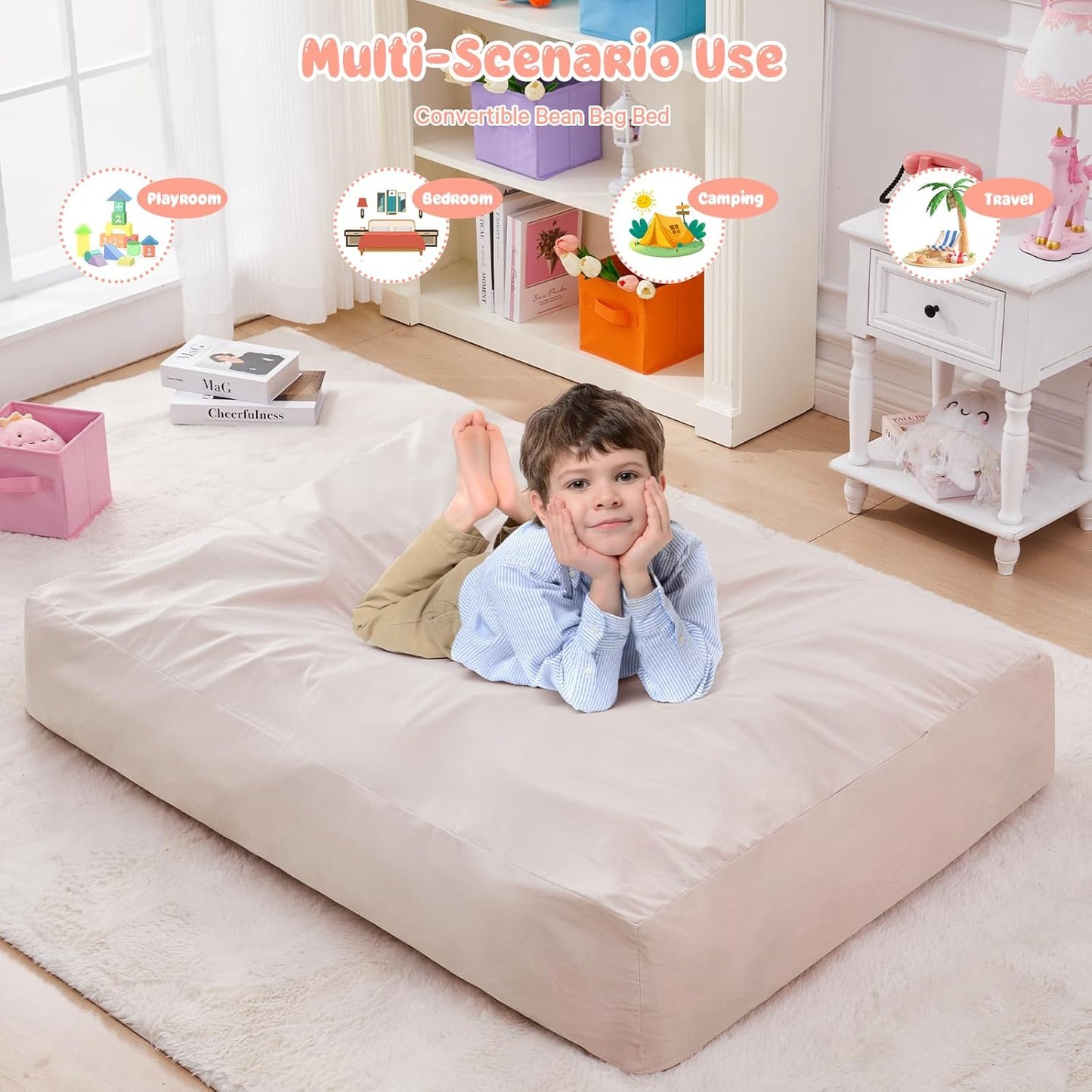 Kids Bean Bag Chair Bed - Convertible Lazy Chair to Floor Mattress with Filler - Small Beanbag Chair for Boys and Girls - Floor Couch Sofa in Bedroom, Classroom, Reading Nook - Pink