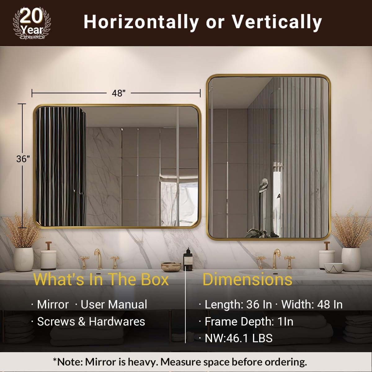 ANDY STAR 48x36 Inch Gold Bathroom Mirror, Brushed Gold Mirrors for Wall in Anti-Rust SUS304 Tube Metal Frame, Rounded Rectangle Mirrors 1’’ Deep Wall Mounted Vertically/Horizontal for Bathroom