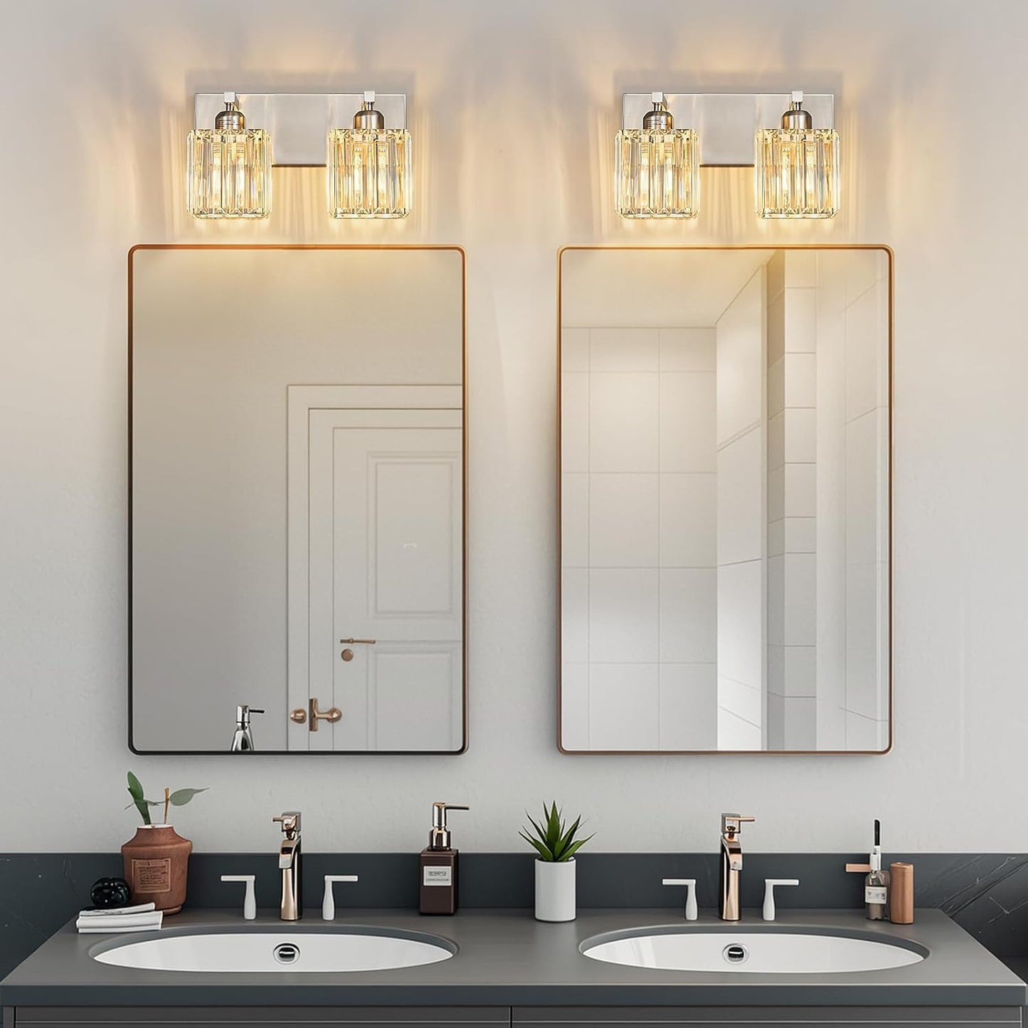 Modern Vanity Light 2-Lights Brushed Nickel Vanity Light Crystal Bathroom Wall Light Bathroom Light Fixtures