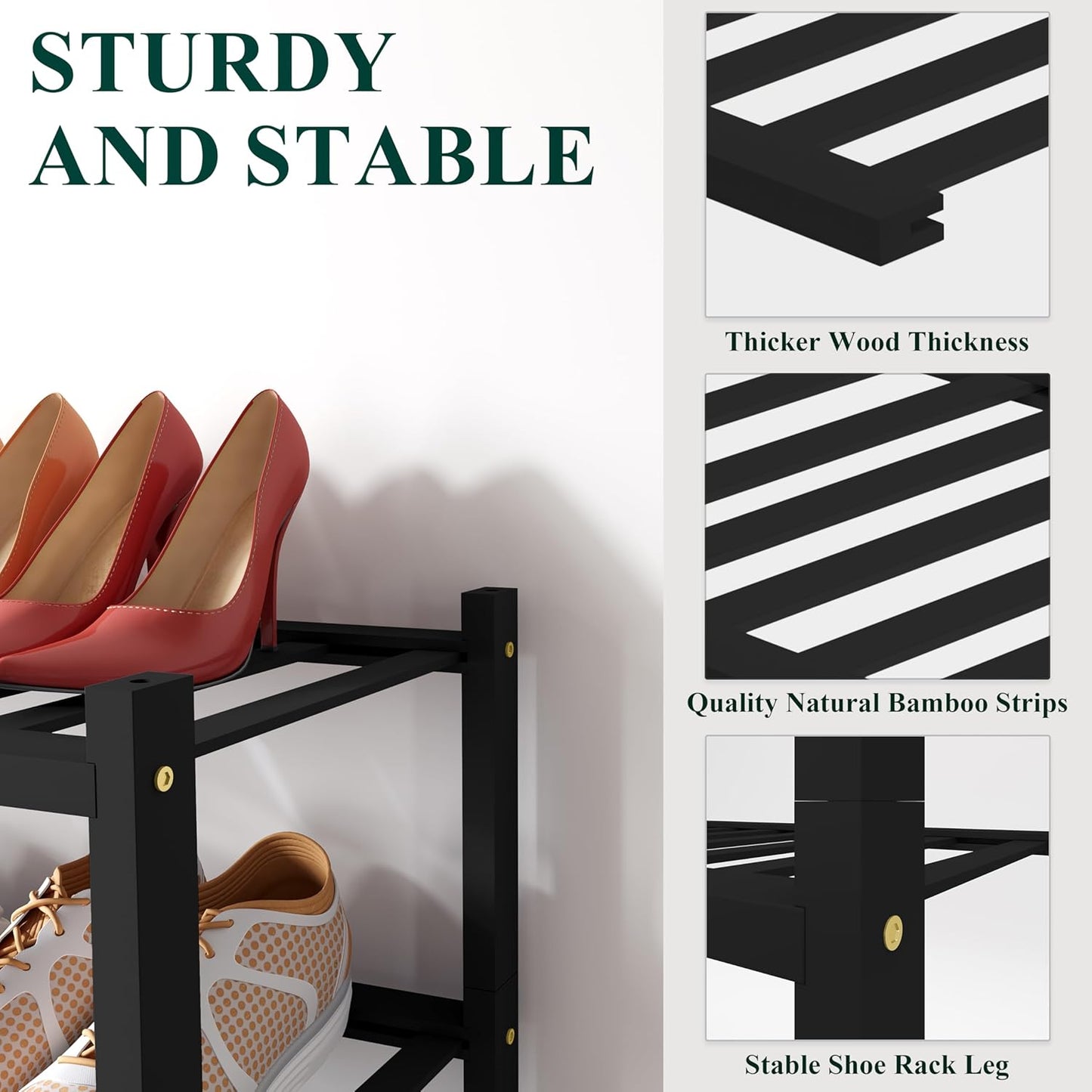 Smiry Shoe Rack, 2 Tier Long Bamboo Shoe Organizer, Stackable Free Standing Wooden Shoe Storage Shelf for Closet, Entryway, Front Door Entrance, Black