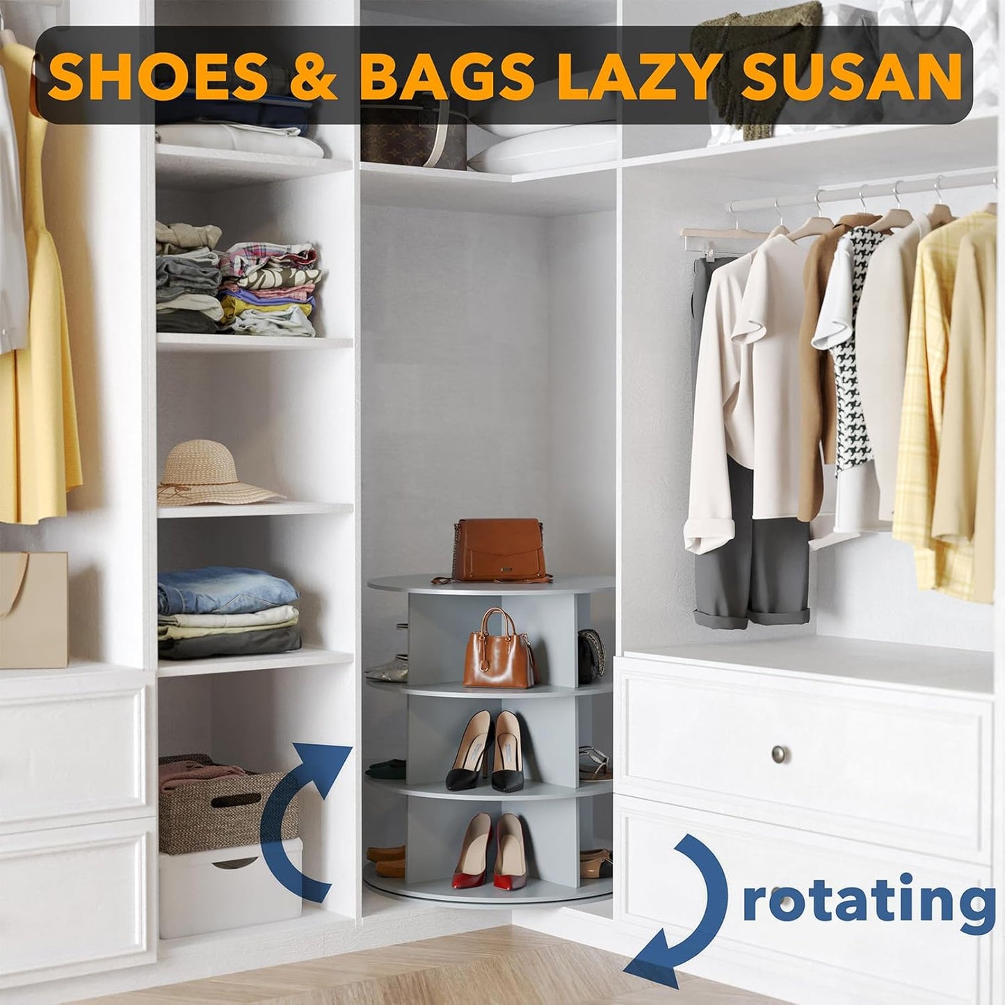 SpaceAid 3 Tier Rotating Shoe Rack Tower, Spinning Shoe Display Lazy Susan, Revolving 360 Shoe Rack Storage Round Carousel, Vertical Handbag Rotate Shoes Closet Organization (3-Tier Gray)