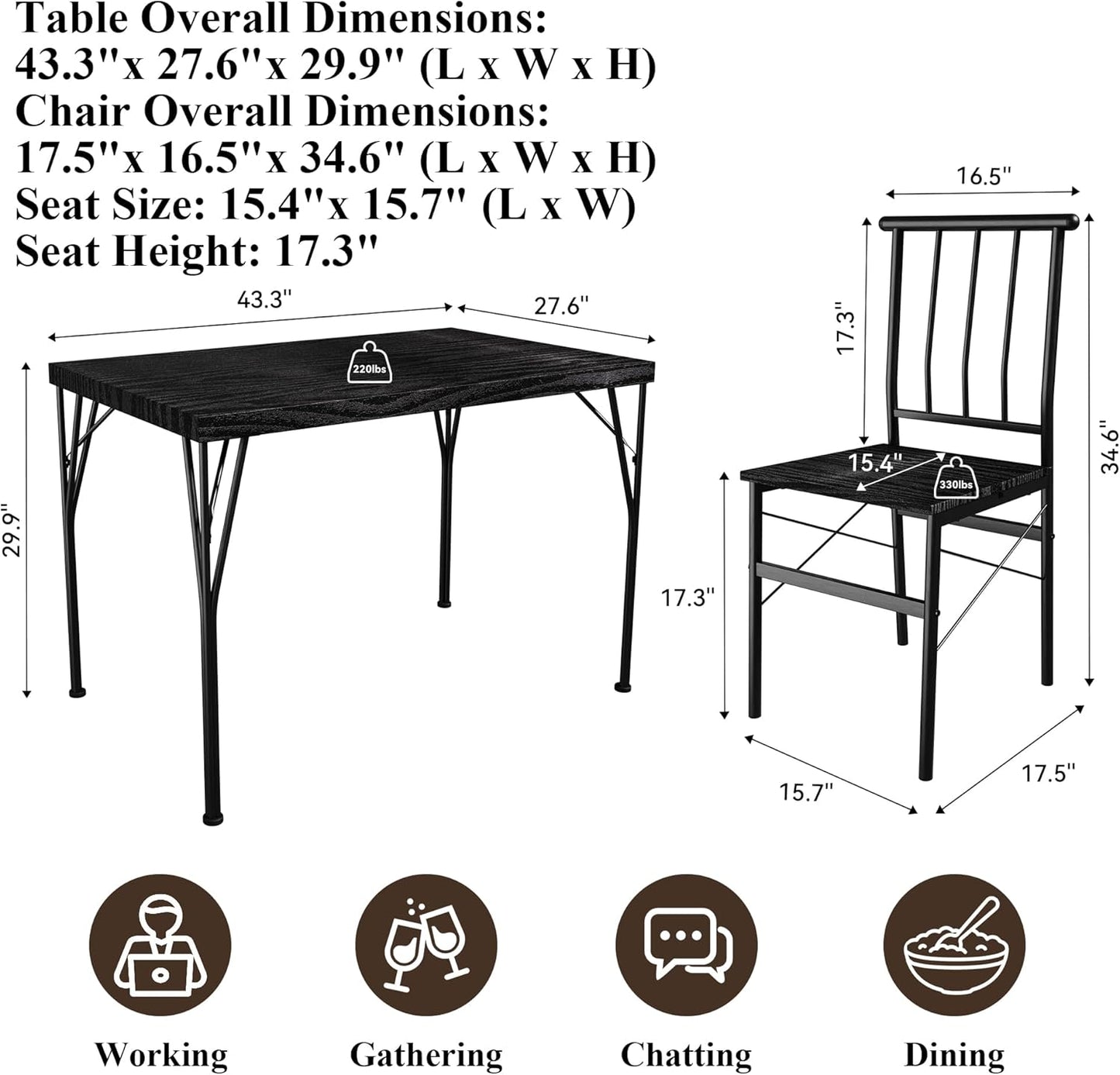 5 Piece Dining Table Set with 1.6" Thick Desktop, Modern Metal&Wood Kitchen Dinner Table with 4 Chairs, Dining Room Table Sets for Small Spaces, Black