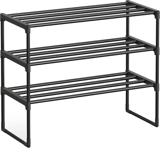 SONGMICS Shoe Rack, 3-Tier Shoe Organizer, Metal Storage Shelf, Upright or Upside Down, for 8-12 Pairs, Stackable, for Entryway, 11.8 x 26.8 x 21.7 Inches, Black ULSA203B01