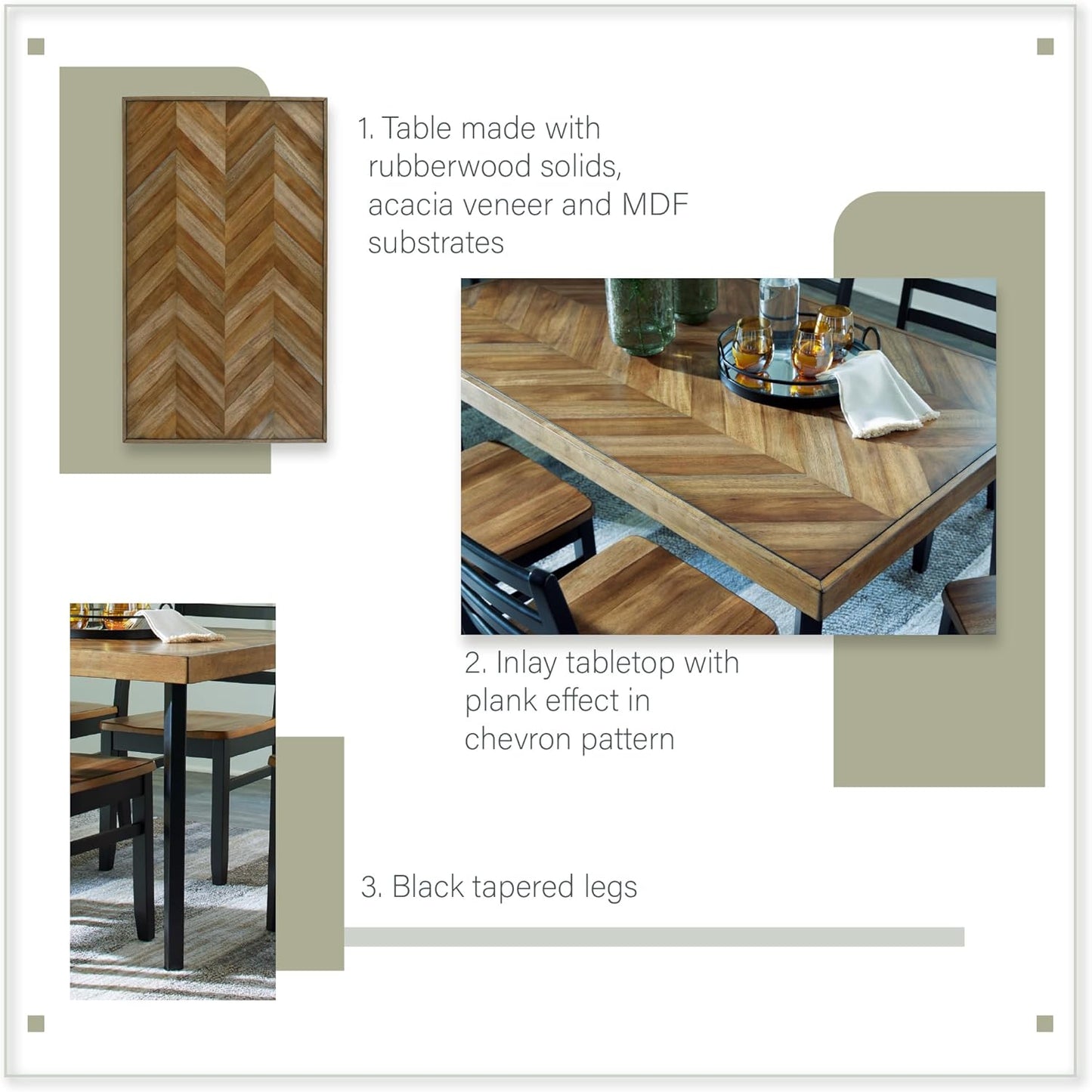Signature Design by Ashley Blondon Rustic Chevron Dining Table and 6 Chairs, Set of 7, Black & Light Brown