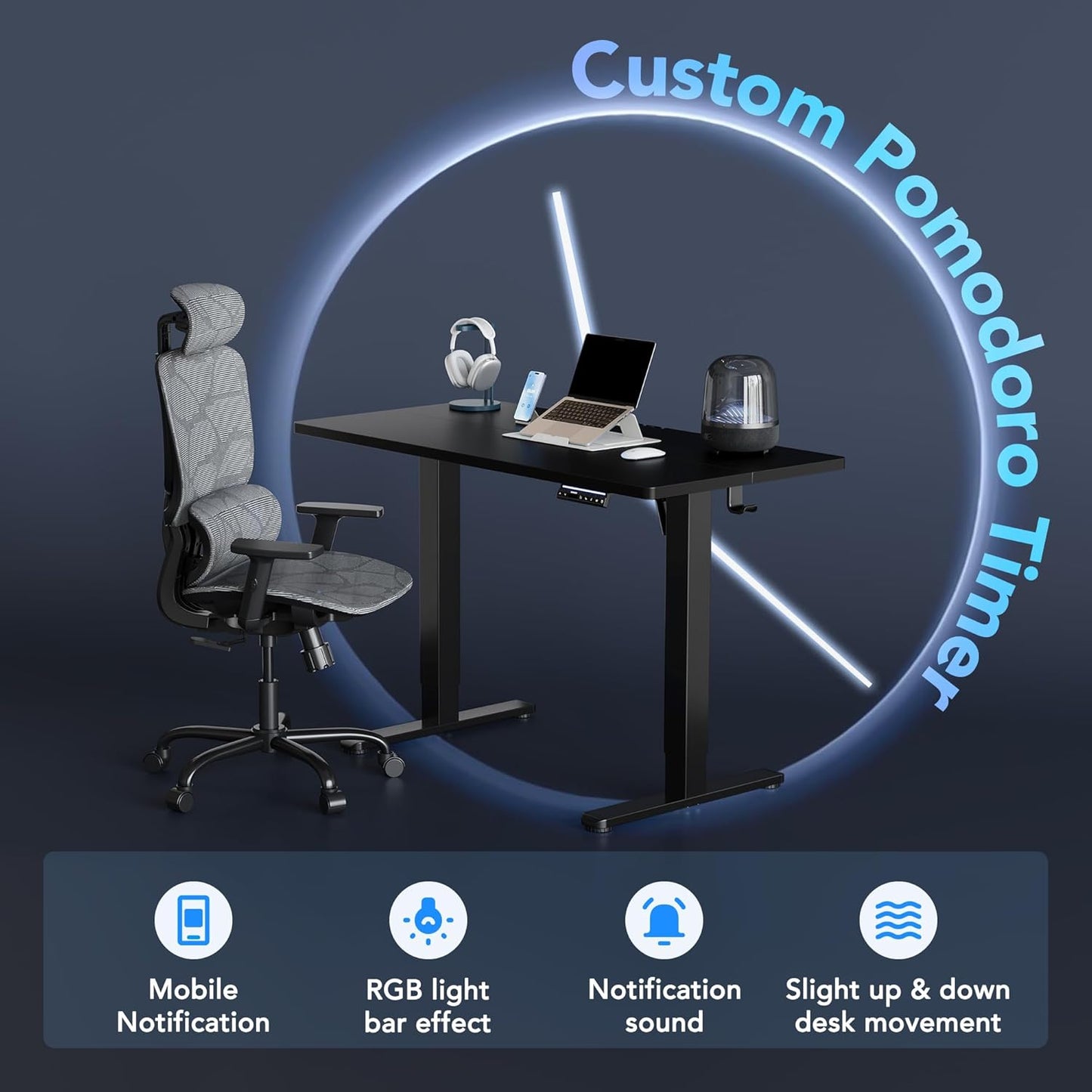 HUANUO 48 inch Electric Standing Desk with Smart APP, Alexa & Google Voice Control, Wi-Fi, Adjustable Height, 6 Memory Settings, Sedentary Reminder, Posture & Neck Care, Sit-Stand Desk, Black