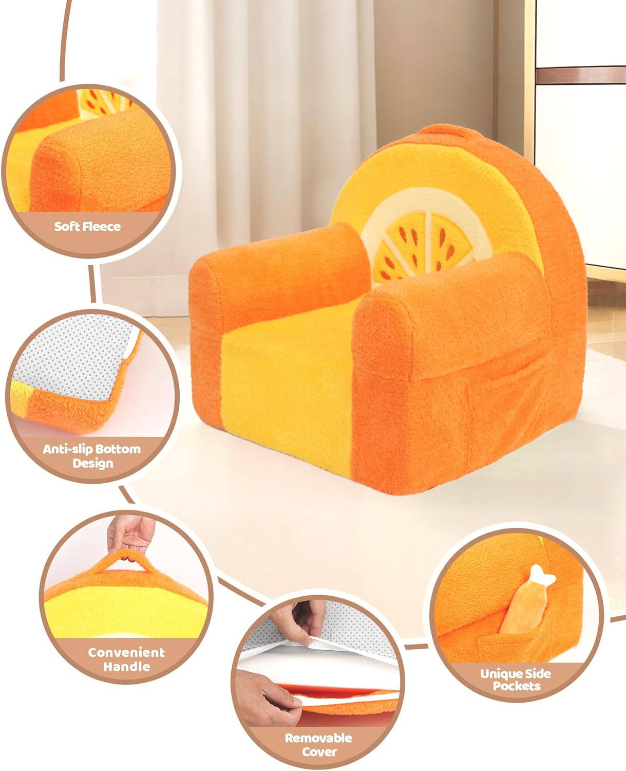 Toddler Chair, Comfy Foam Kids Couch with Soft Velvet Cover, Toddler Couch with Cute Orange Design for Gaming and Studying, Kids Sofa for Boys and Girls