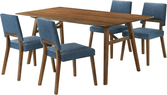 Armen Living Channell Mid Century Modern 5 Piece Walnut Wood Dining Table Set with Blue Fabric