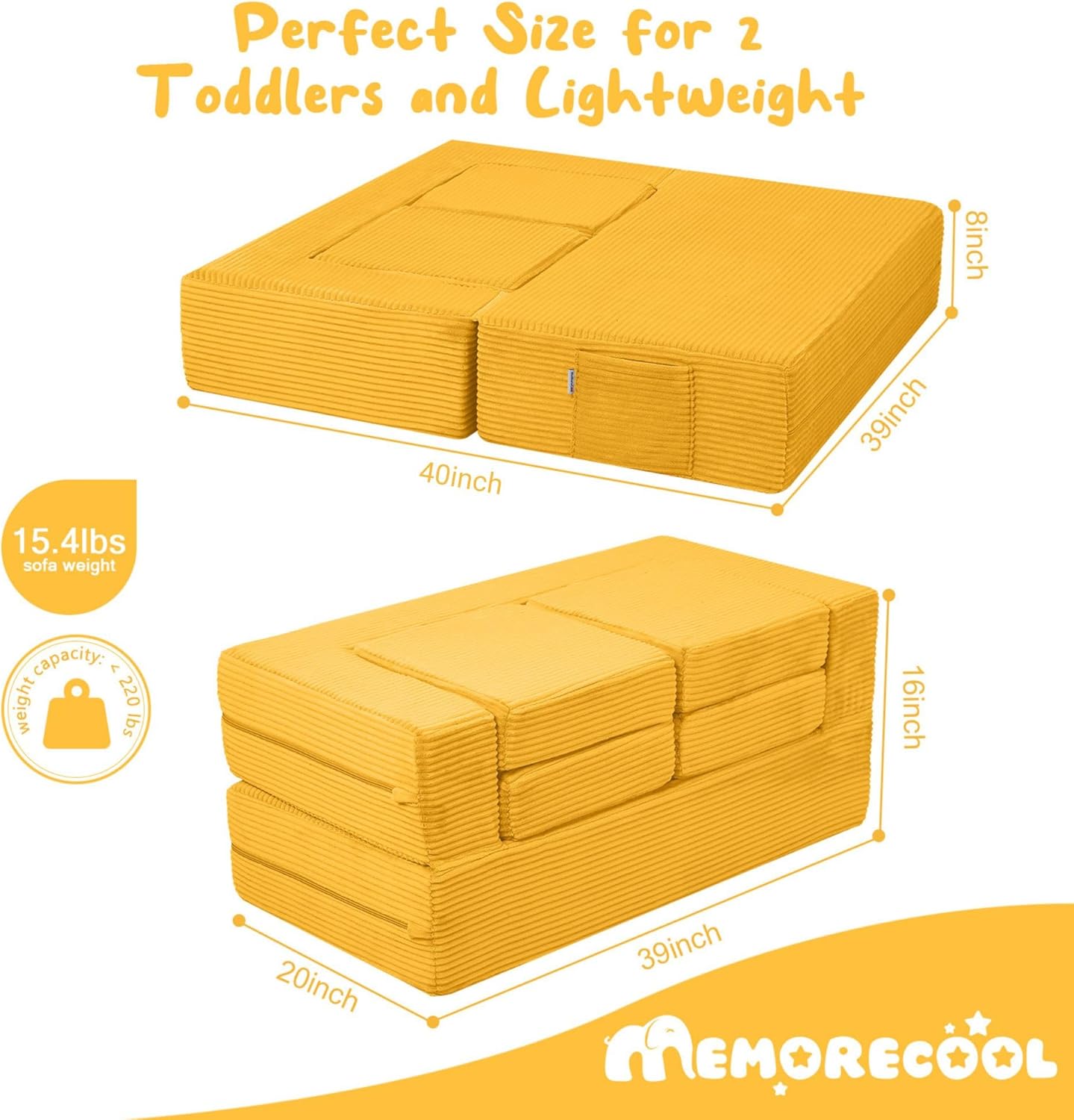 MeMoreCool Modular Kids Couch, Corduroy Play Toddler Couch for Bedroom Playroom Furniture, Convertible Foam Kids Sofa Bed, Fold Out Baby Sofa for Girl Boy, Yellow