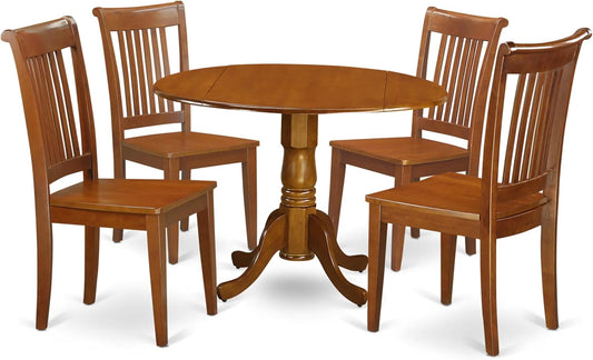 East West Furniture DLPO5-SBR-W 5 Piece Kitchen Table & Chairs Set Includes a Round Dining Table with Dropleaf and 4 Dining Room Chairs, 42x42 Inch, Saddle Brown