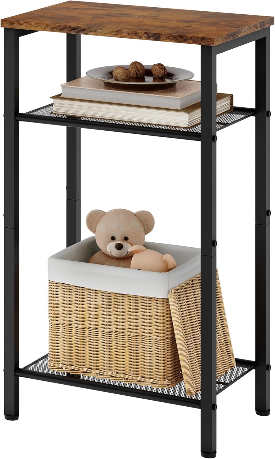 Hoctieon 3 Tier End Table, Telephone Table, Narrow Side Table with Storage, Nightstand for Small Spaces, Metal Frame, For Living Room, Bedroom, Sofa Couch, Hall, Easy Assembly, Rustic Brown