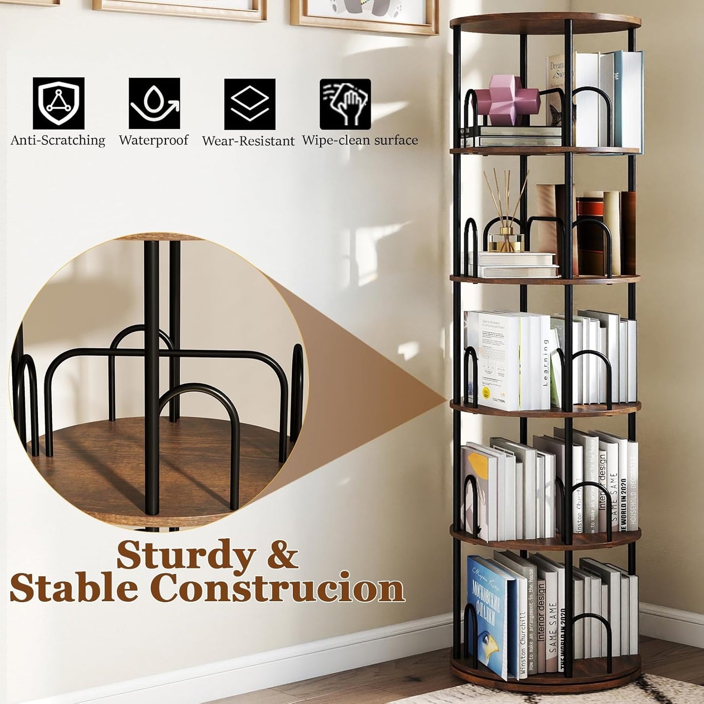 5-Tier Rotating Bookshelf, 360° Round Spinning Book Shelf Tower, Tall Skinny Wood & Metal Bookshelf for Corner/Office/Home, Modern Industrial Vintage Style