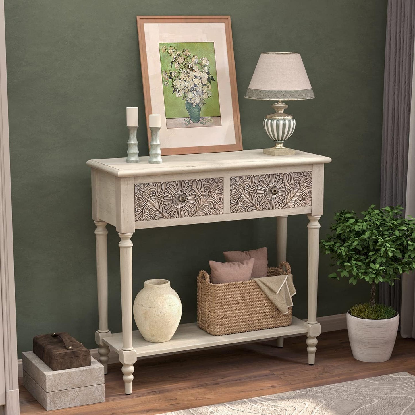 COSIEST Console Table with 2 Drawers, MDF Narrow Entryway Table with Storage Shelf, Wood Accent Sofa Table for Living Room, Entrance, Hallway, Couch, Light Grey