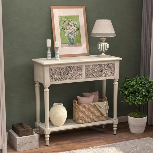 COSIEST Console Table with 2 Drawers, MDF Narrow Entryway Table with Storage Shelf, Wood Accent Sofa Table for Living Room, Entrance, Hallway, Couch, Light Grey