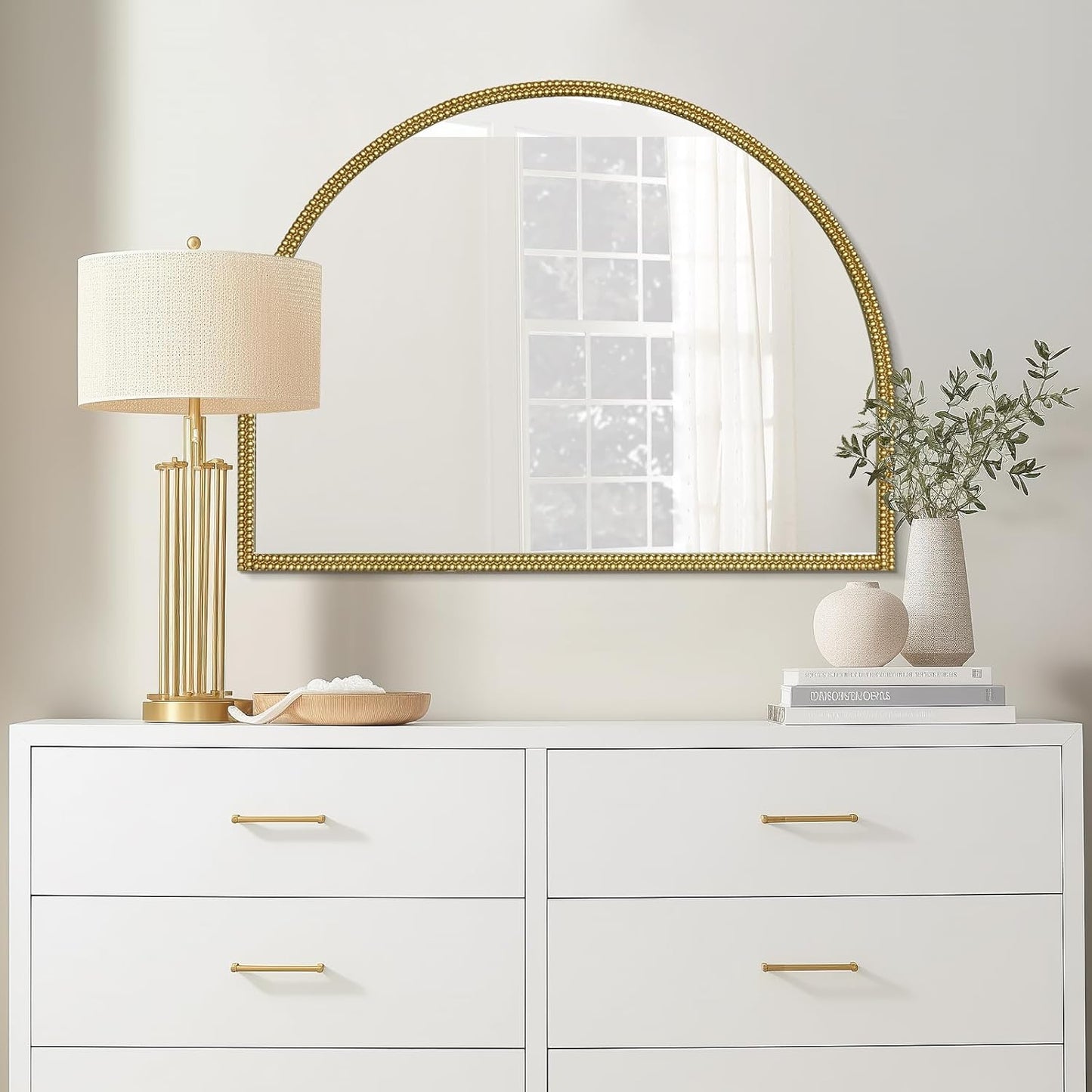 WallBeyond Gold Vintage Mirror for Vanity 32x24 Inch, Gold Antique Mirror with Ornate Beaded Frame for Bathroom, Living Room, Fireplace, Entryway