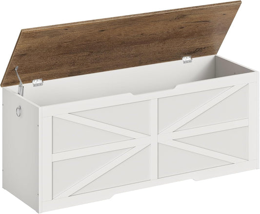 Storage Chest, 47.2" Wooden Storage Trunk, Modern Storage Bench with Safety Hinge, Toy Box, Farmhouse Style, for Bedroom, Living Room, Walnut and White MCW16WL