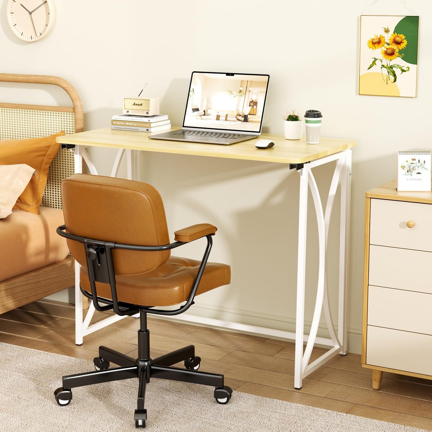 Mini Desk, 31.5" Small Desk for Bedroom, Foldable Desks for Small Spaces & Home Office, Easy Assembly, Beige Floor Patten