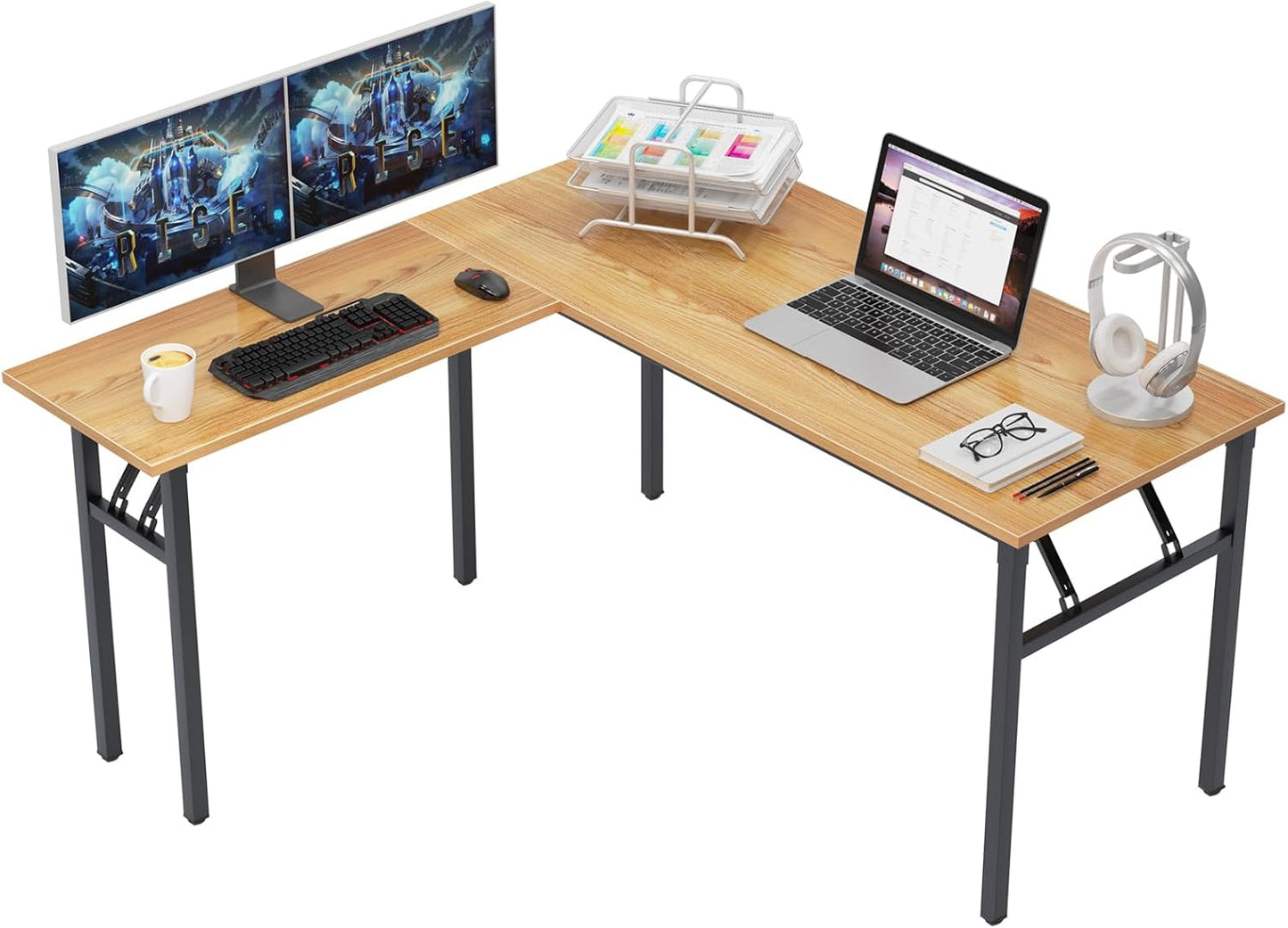 Need L Shaped Folding Desk, Reversible Computer Desk for Home Office, Large Foldable Gaming Desk Table Workstation, Teak and Black