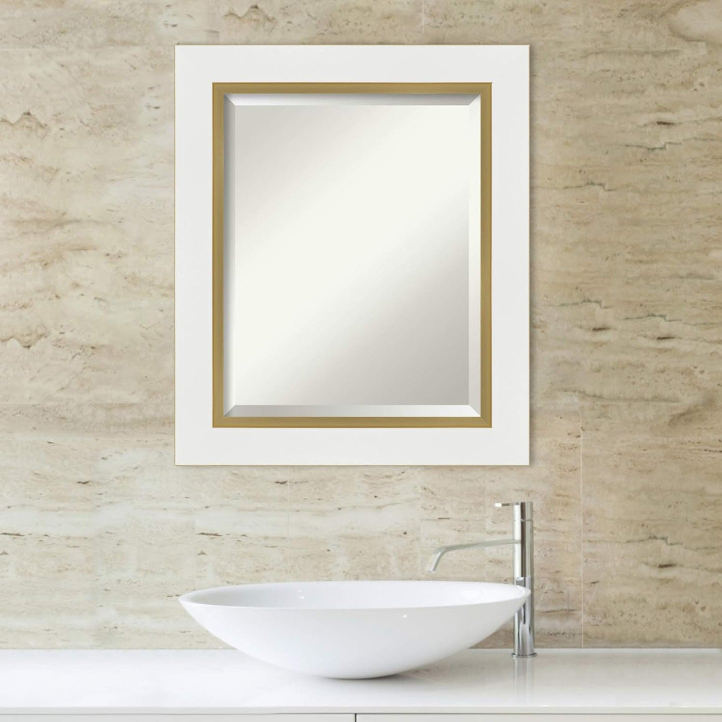 Amanti Art White Bathroom Mirror for Over Sink, 25x21 Eva White Gold Rectangle Vanity Mirror, Small Modern Contemporary Frame, Hangs Horizonally and Vertically, Bathroom Wall Decor, Beveled Edge