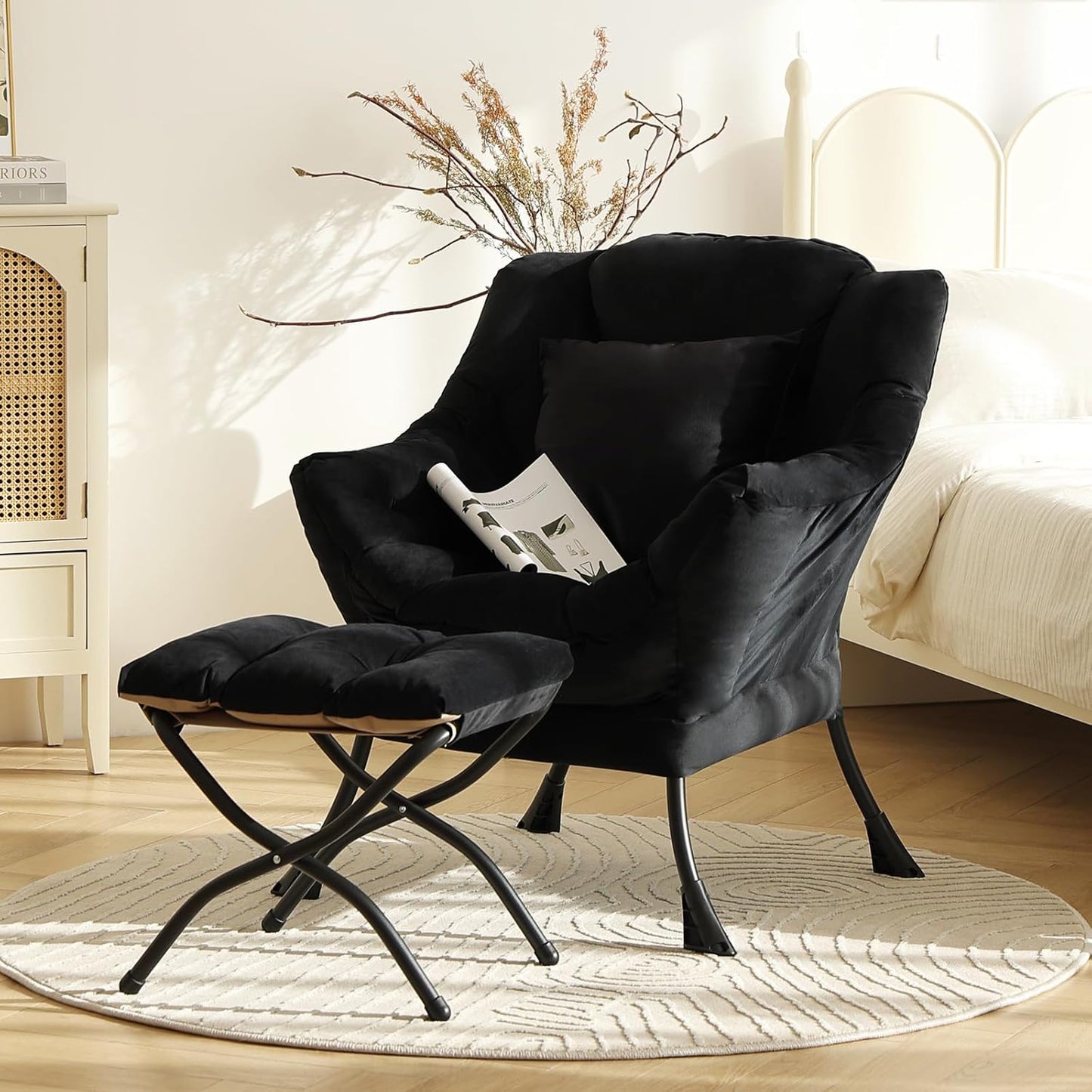Lazy Chair with Ottoman, Modern Lounge Accent Chair with a Pillow, Leisure Sofa Armchair Set, Reading Chair with Footrest for Living Room, Bedroom, Dorm Room, Office, Velvet Black