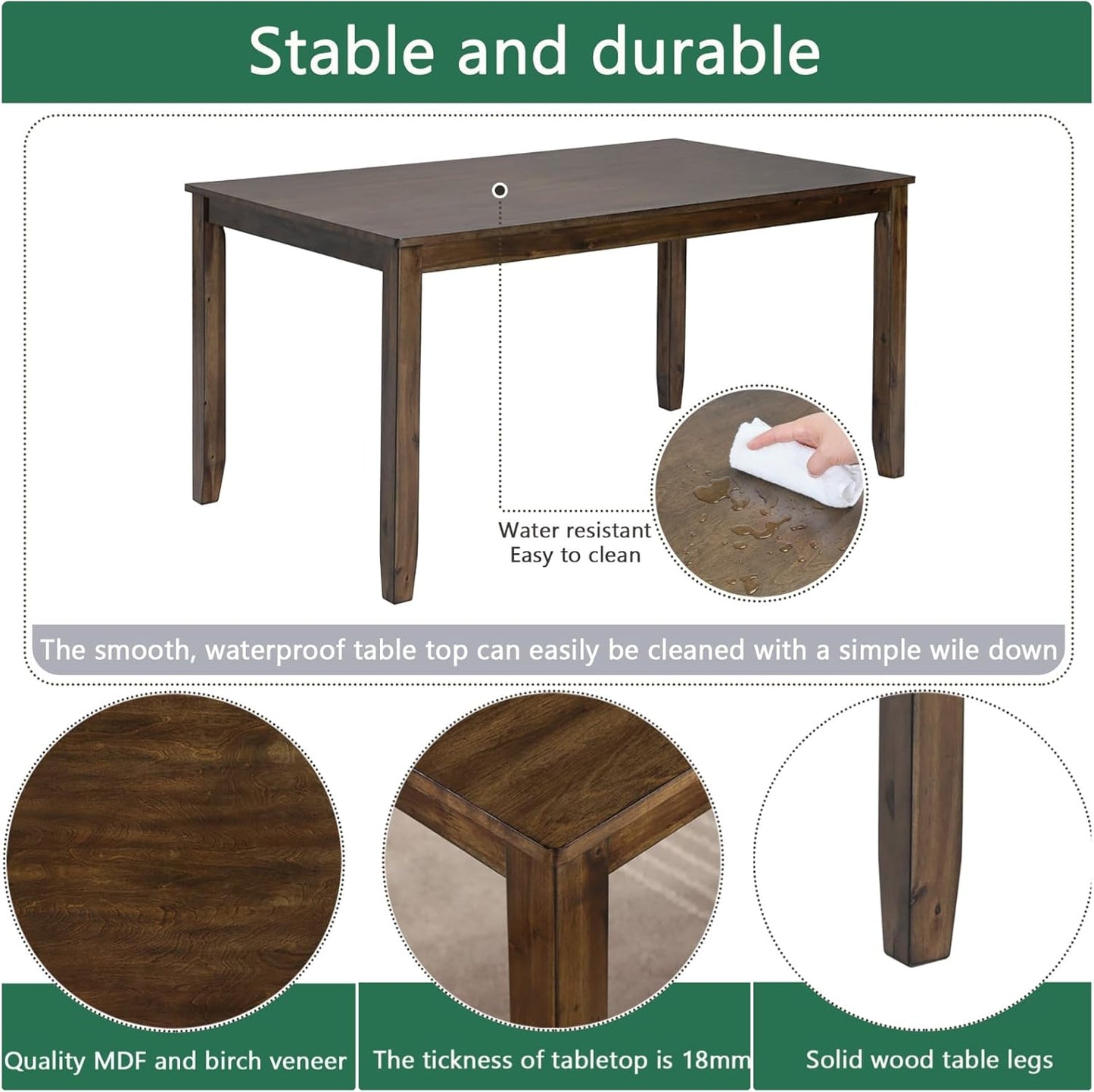 Dining Table Set, Wooden Kitchen Table Set with Rectangular Table, 4 Flat X Backrest Upholstered Chairs & a Bench, Table and Chairs with Non-Slip Feetmats for 6 People, Living Room, Walnut