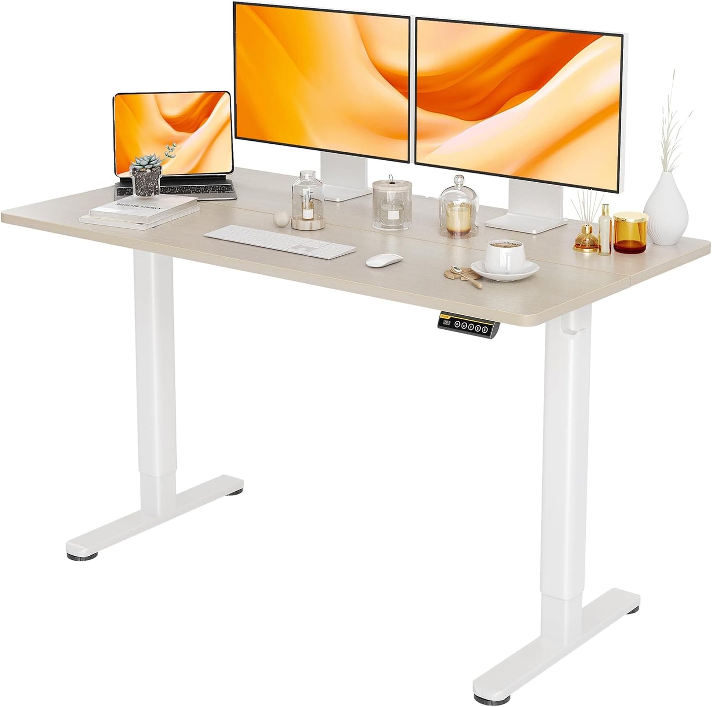 Claiks Electric Standing Desk, Adjustable Height Stand up Desk, 55x24 Inches Sit Stand Home Office Desk with Splice Board, White Frame/Nature Top