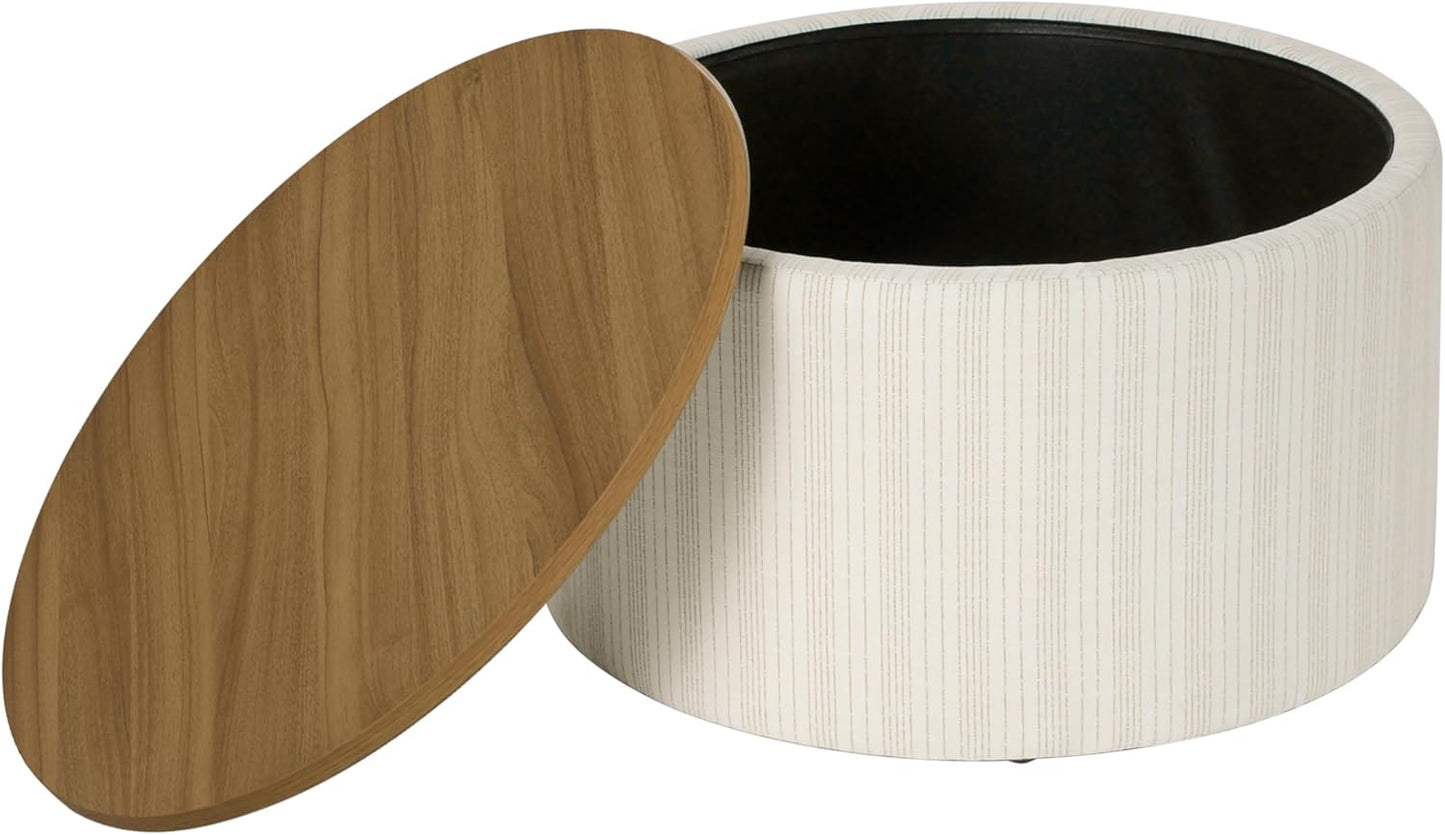 HomePop Modern Fabric Storage Ottoman with Wood Top -Marigold Pinstripe Cream Fabric