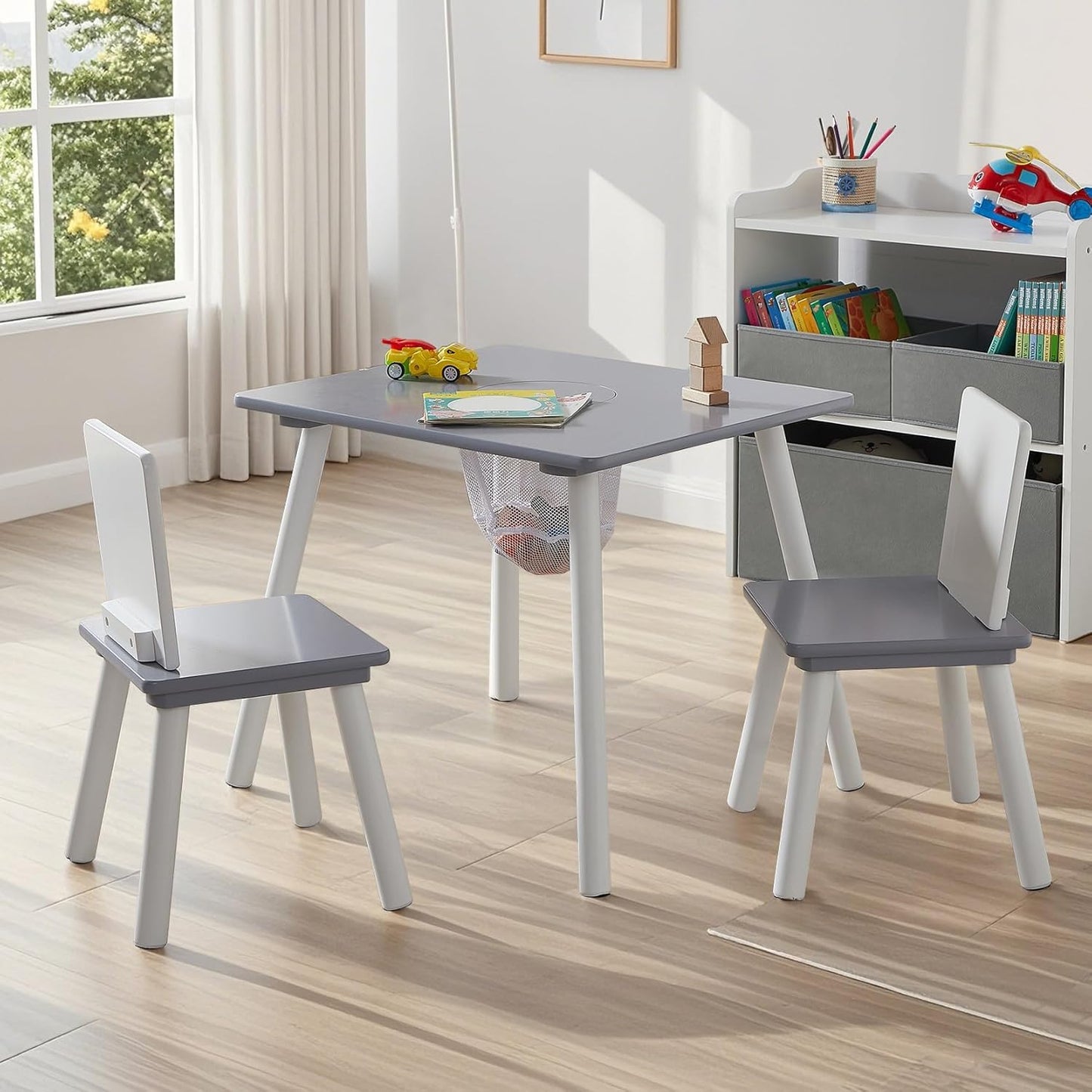 VECELO Activity Table and 2 Chair Set with Hidden Mesh Storage, Durable Playroom Furniture, Modern Design, Easy Assembly, Grey & White